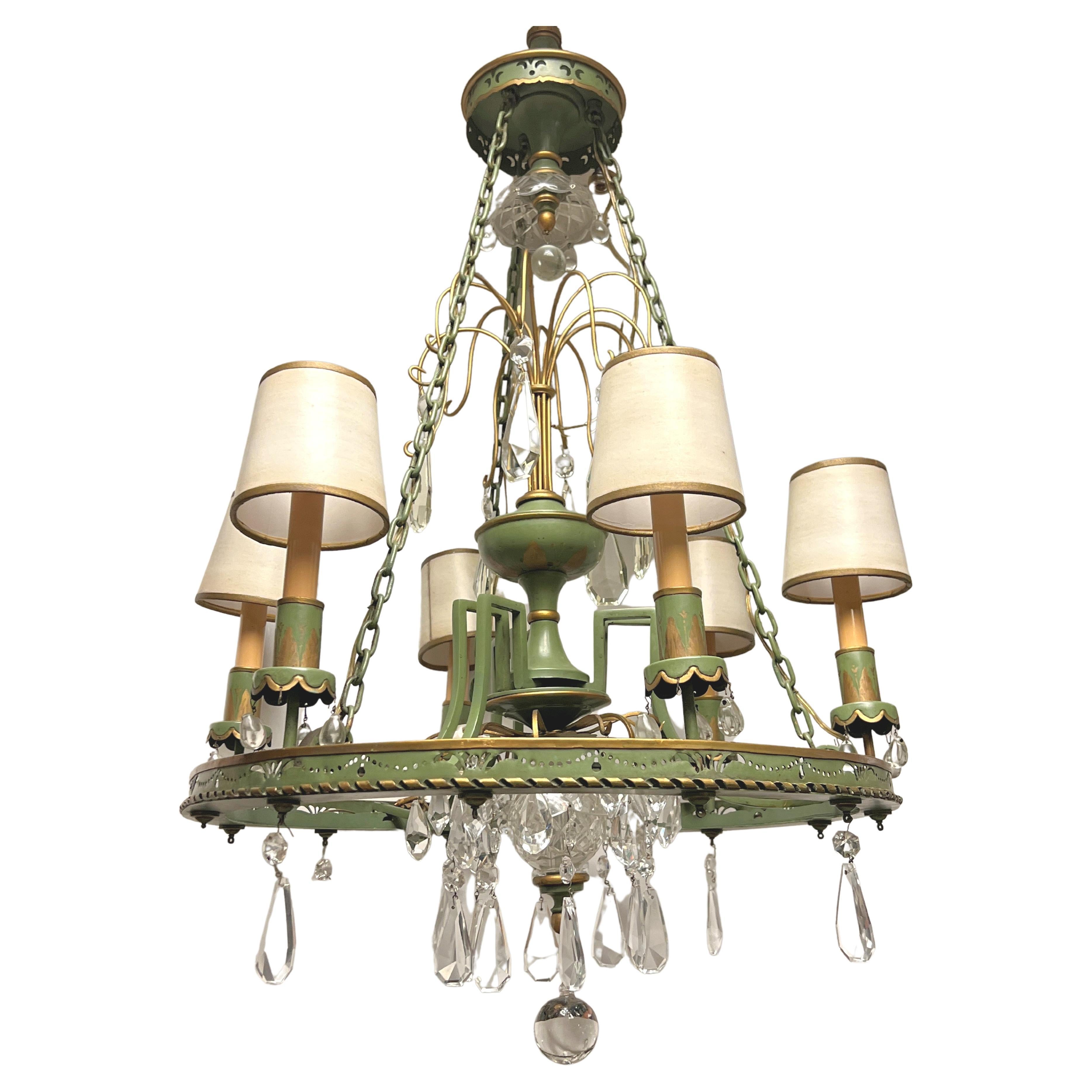 Mid Century Neo Classical Painted Tole and Crystal Chandelier For Sale