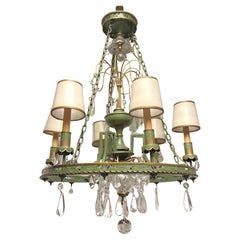 Mid Century Neo Classical Painted Tole and Crystal Chandelier