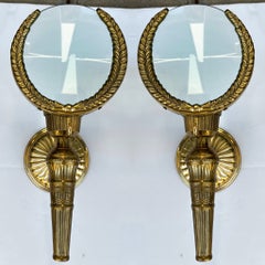 Mid-Century Neo- Classical Style Cast Brass Magnifying Glass Sconces, Pair