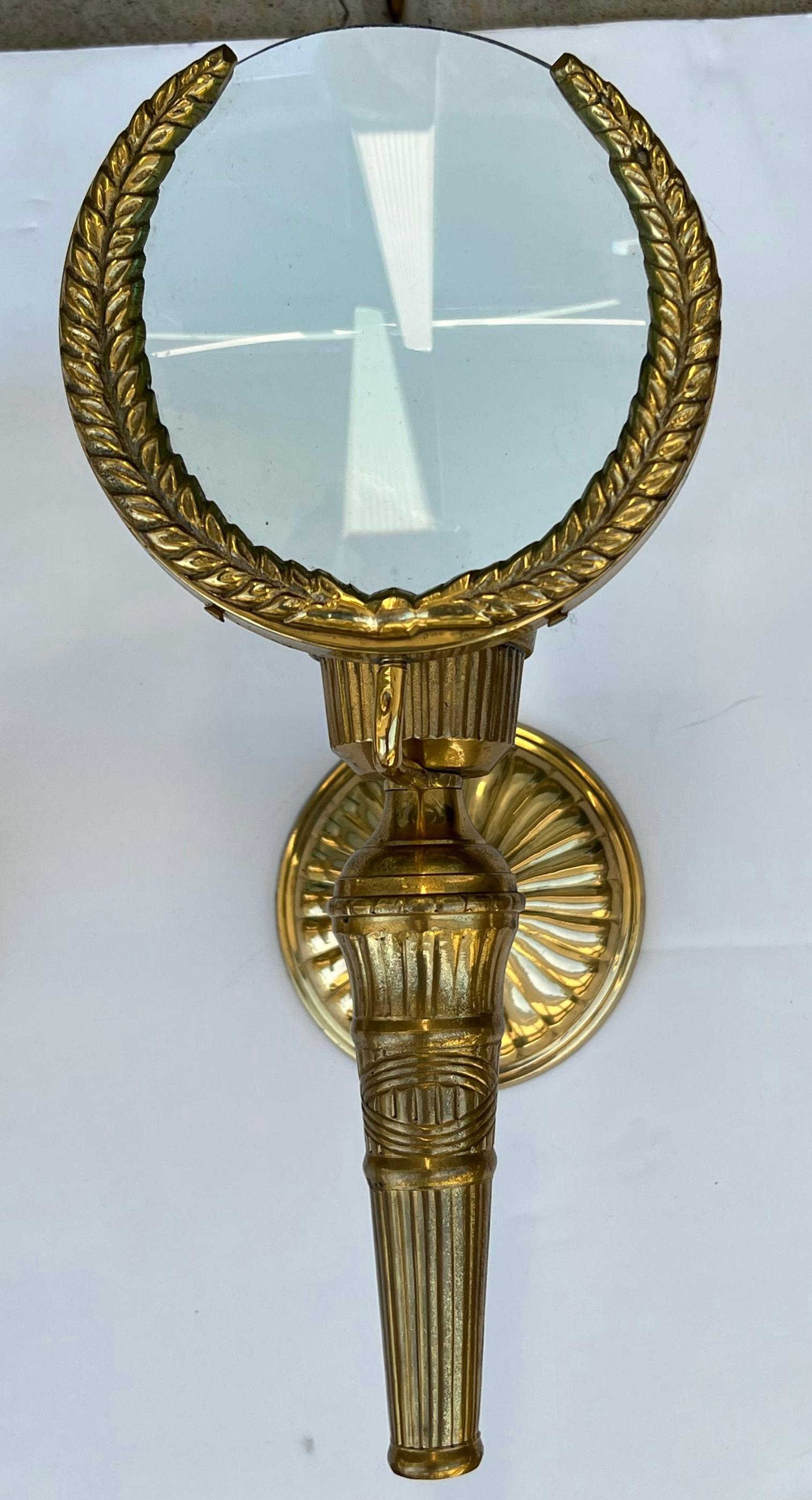 Mid-Century Neo- Classical Style Cast Brass Magnifying Glass Sconces, Pair In Good Condition For Sale In Kennesaw, GA