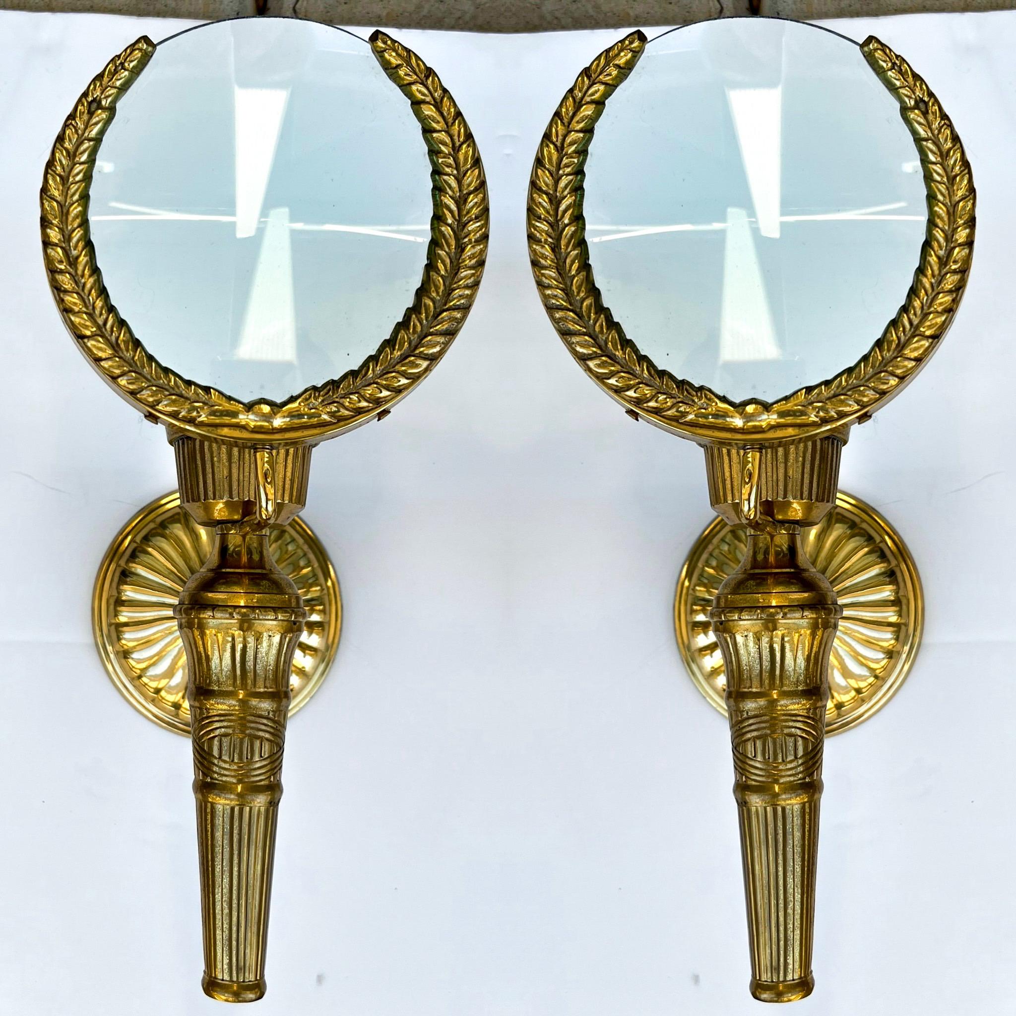 20th Century Mid-Century Neo- Classical Style Cast Brass Magnifying Glass Sconces, Pair For Sale