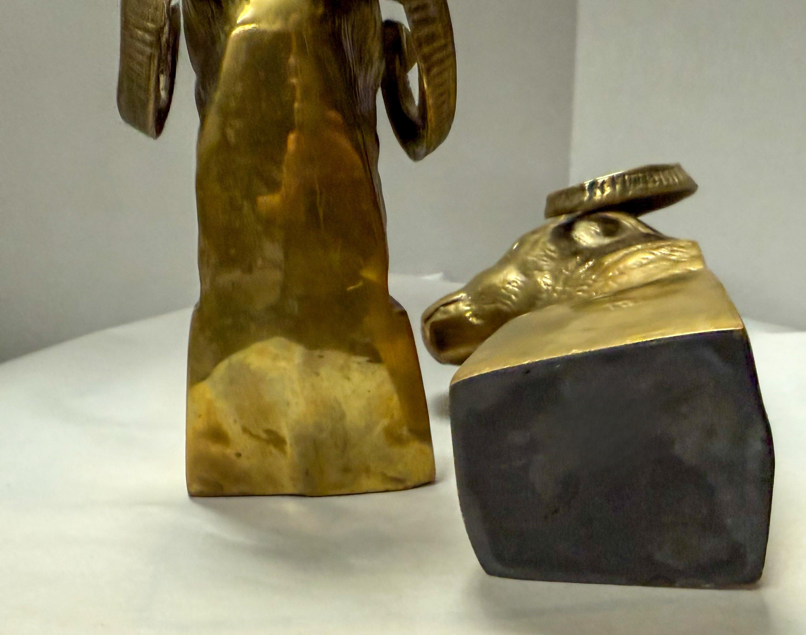 American Mid-Century Neo-Classical Style Cast Brass Ram Form Bookends - Pair For Sale