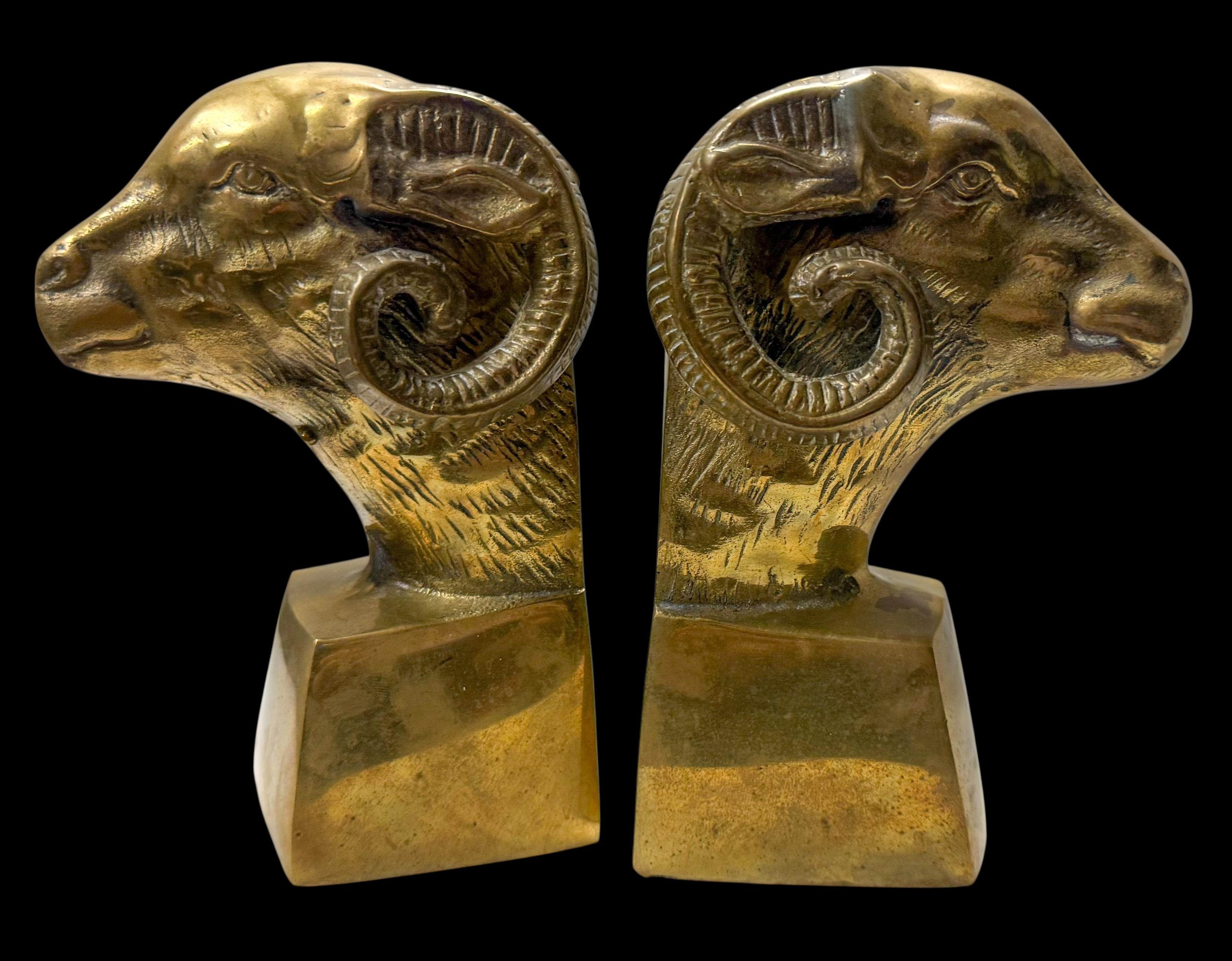 Mid-Century Neo-Classical Style Cast Brass Ram Form Bookends - Pair In Good Condition For Sale In Kennesaw, GA