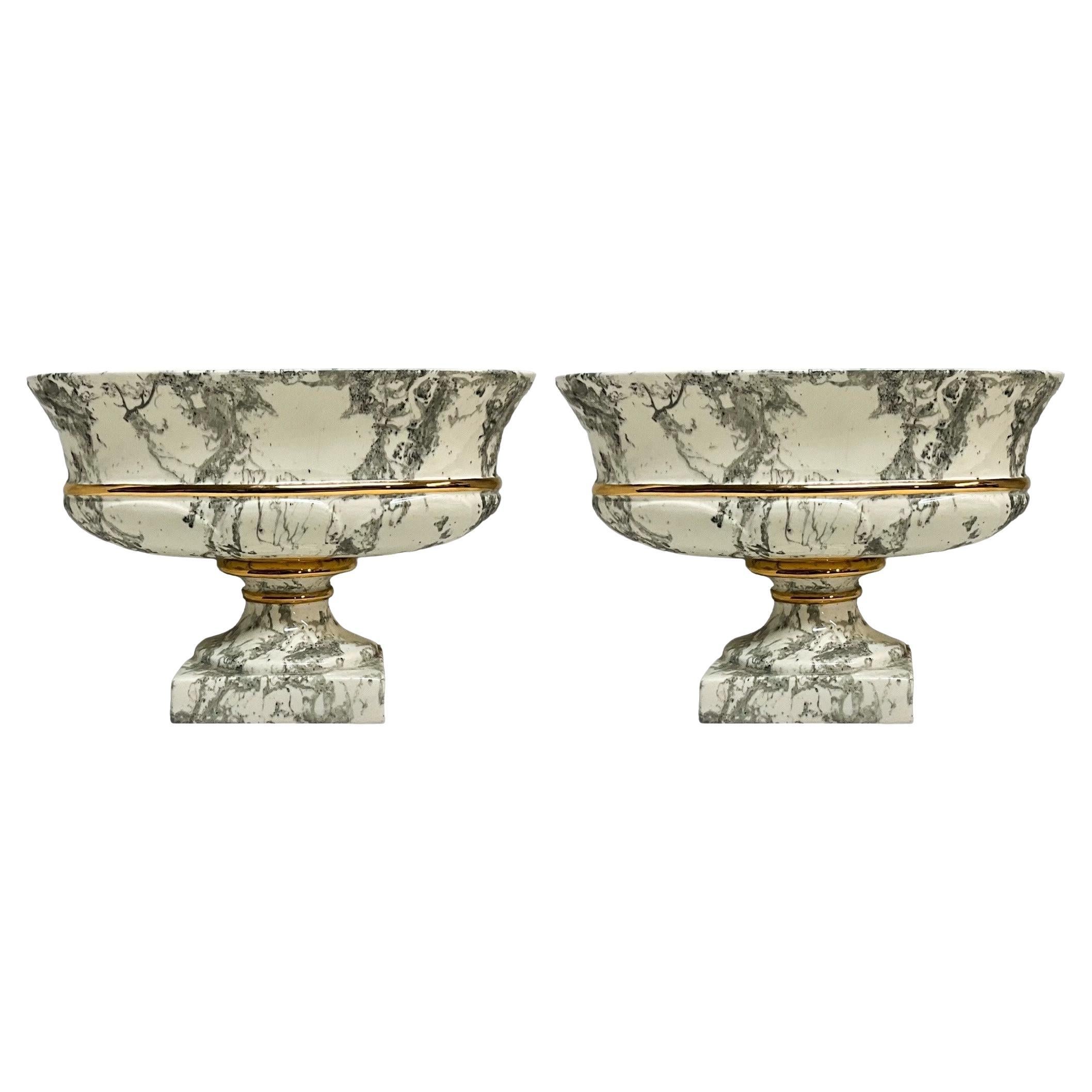 Mid-Century Neo-Classical Style Faux Marbleized Mantel Planters / Cachepot - S/2