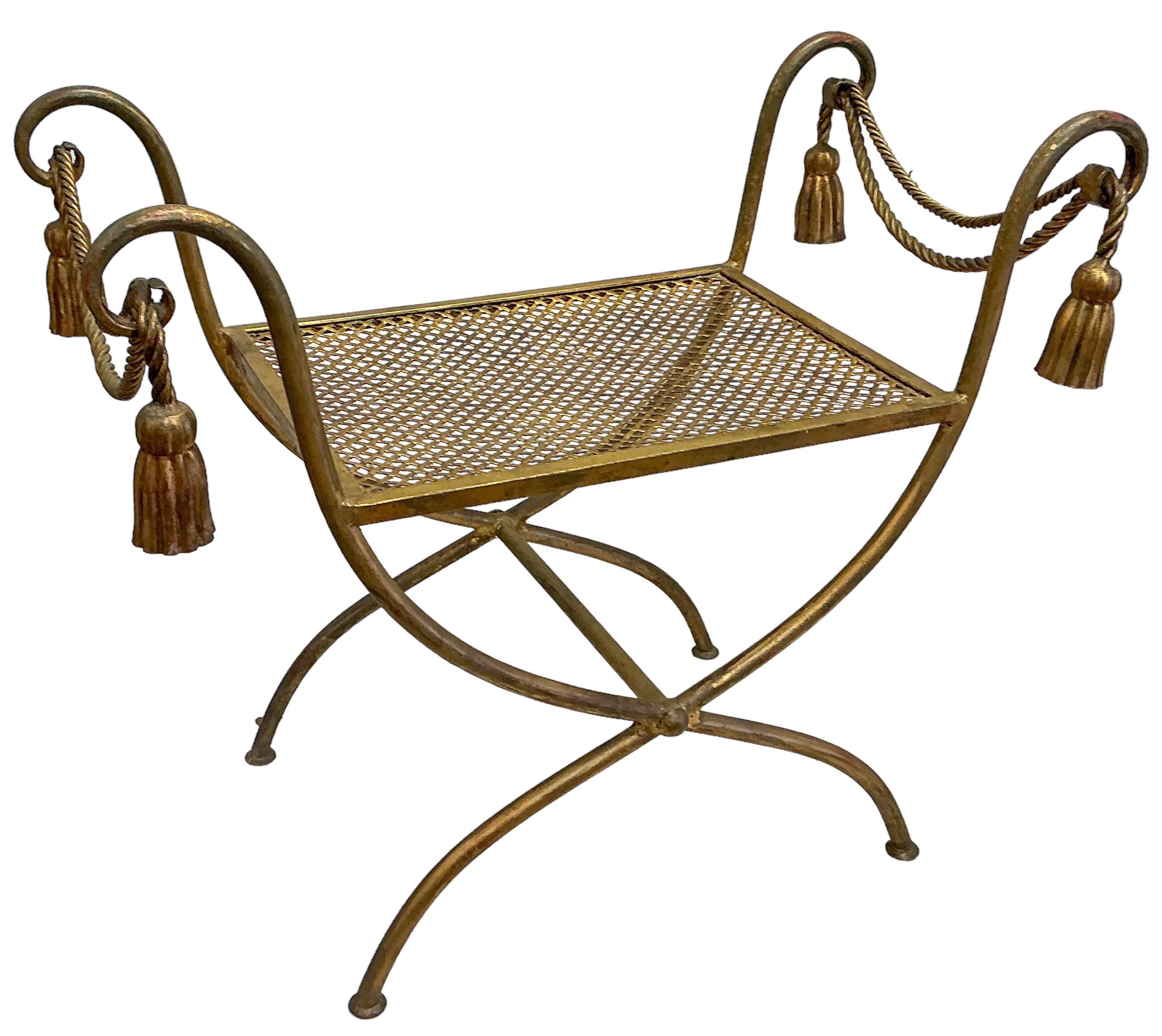 This is a pair of Italian neo-classical style gilt metal benches with tiger velvet cushions. Each corner has a gilt metal tassel. They are unmarked and in very good condition.

My shipping is two to five weeks, and it is for the Continental US only.