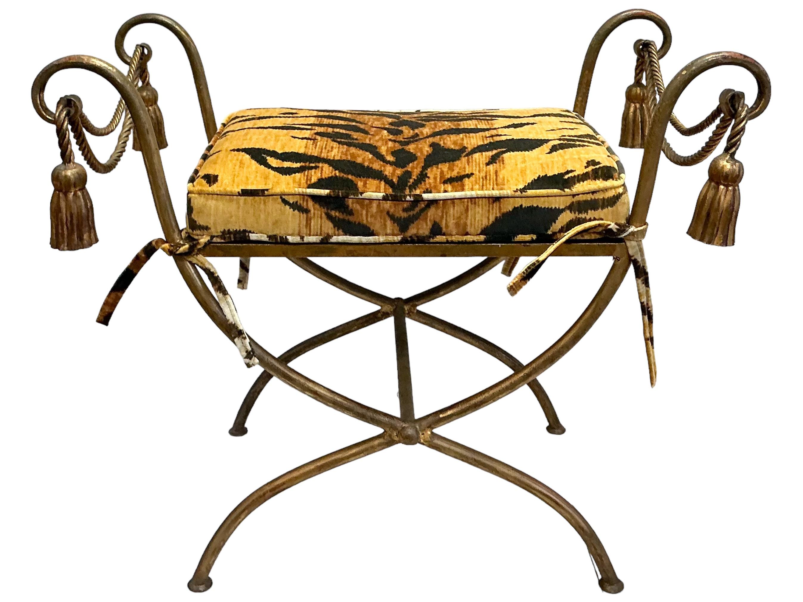 Neoclassical Mid-Century Neo-Classical Style Gilt Metal & Tiger Velvet Benches / Ottomans - 2