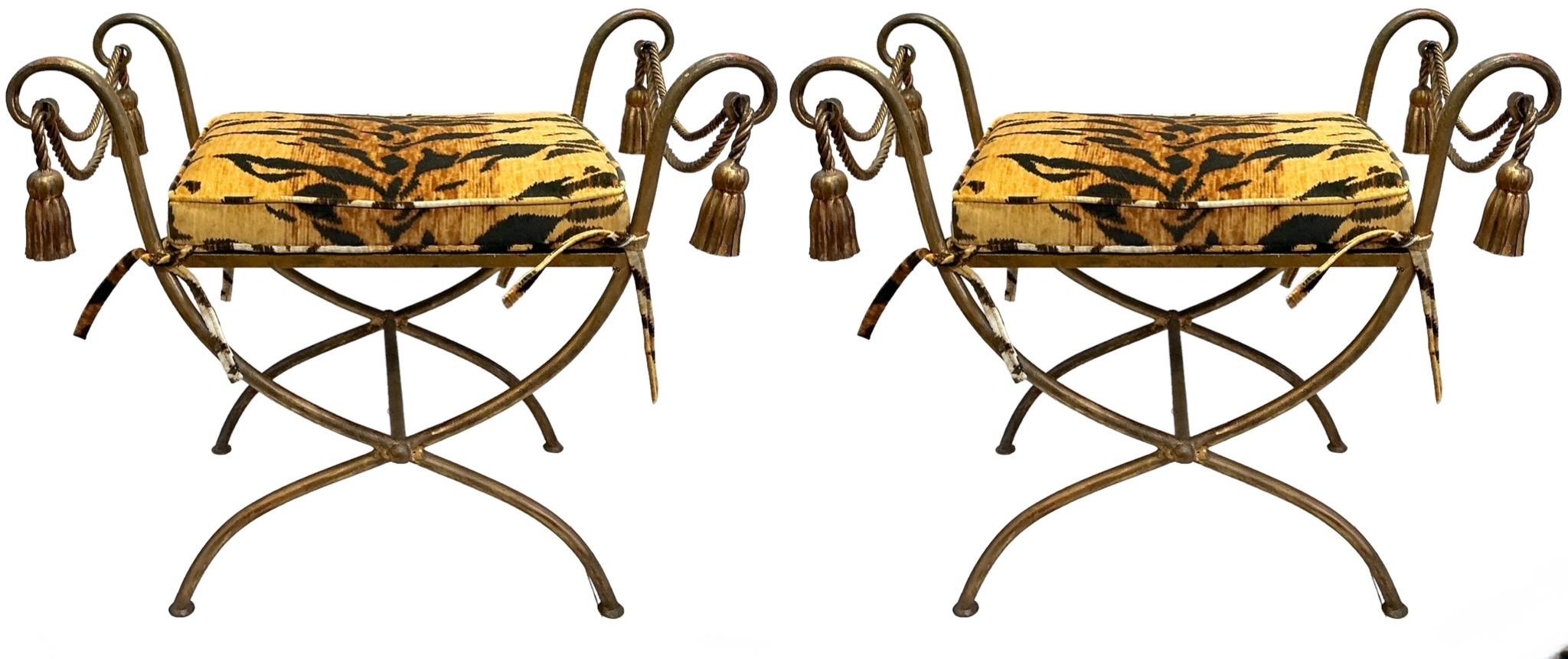 Mid-Century Neo-Classical Style Gilt Metal & Tiger Velvet Benches / Ottomans - 2 In Good Condition In Kennesaw, GA