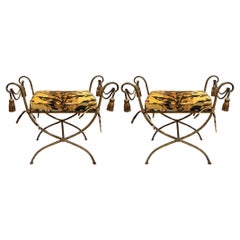 Mid-Century Neo-Classical Style Gilt Metal & Tiger Velvet Benches / Ottomans - 2
