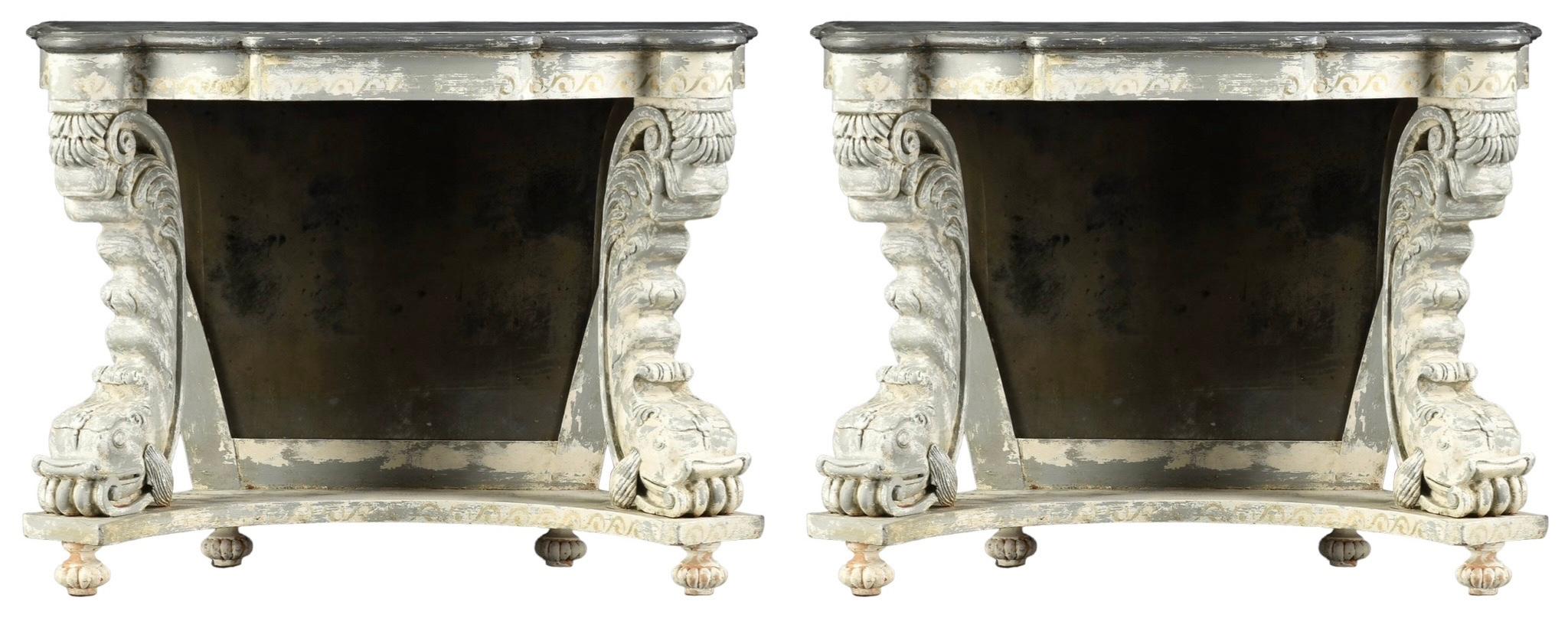 Mid-Century Neo-Classical Style Hand Painted Console Tables W/ Dolphins -Pair For Sale 4