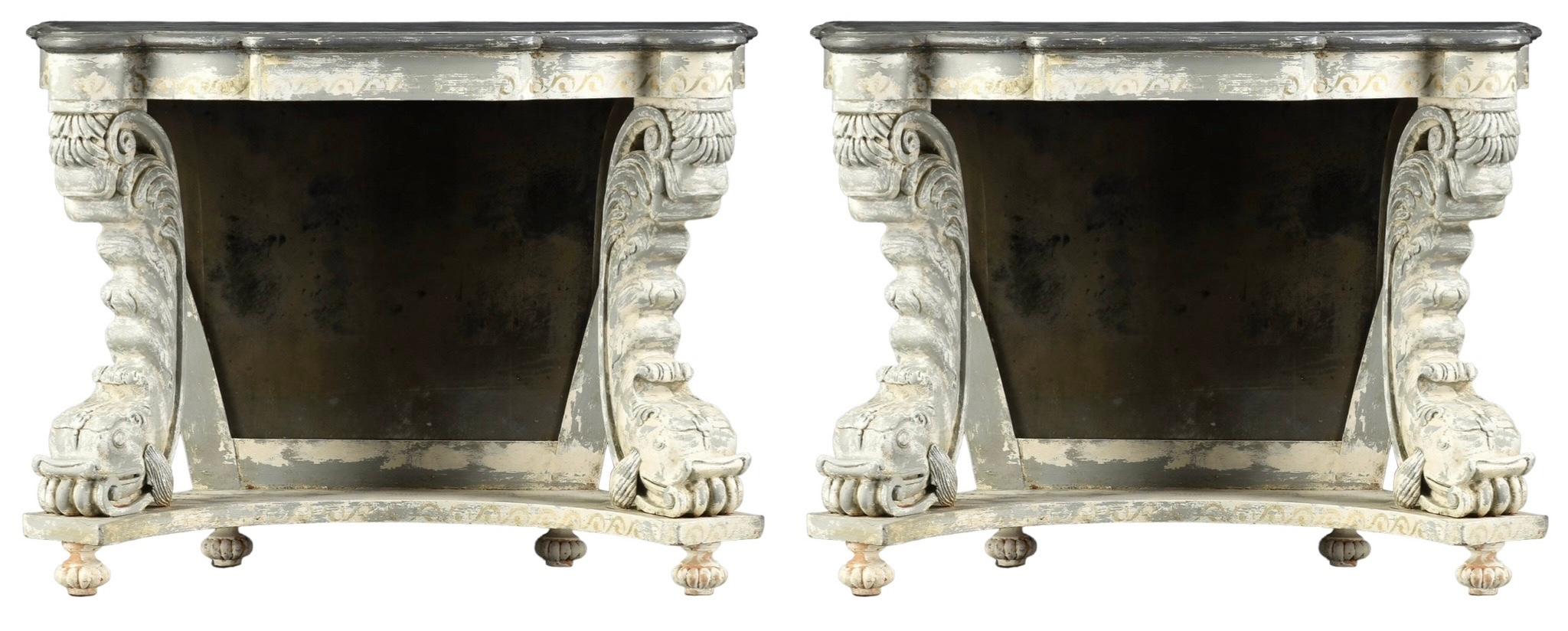 Mid-Century Neo-Classical Style Hand Painted Console Tables W/ Dolphins -Pair For Sale 5