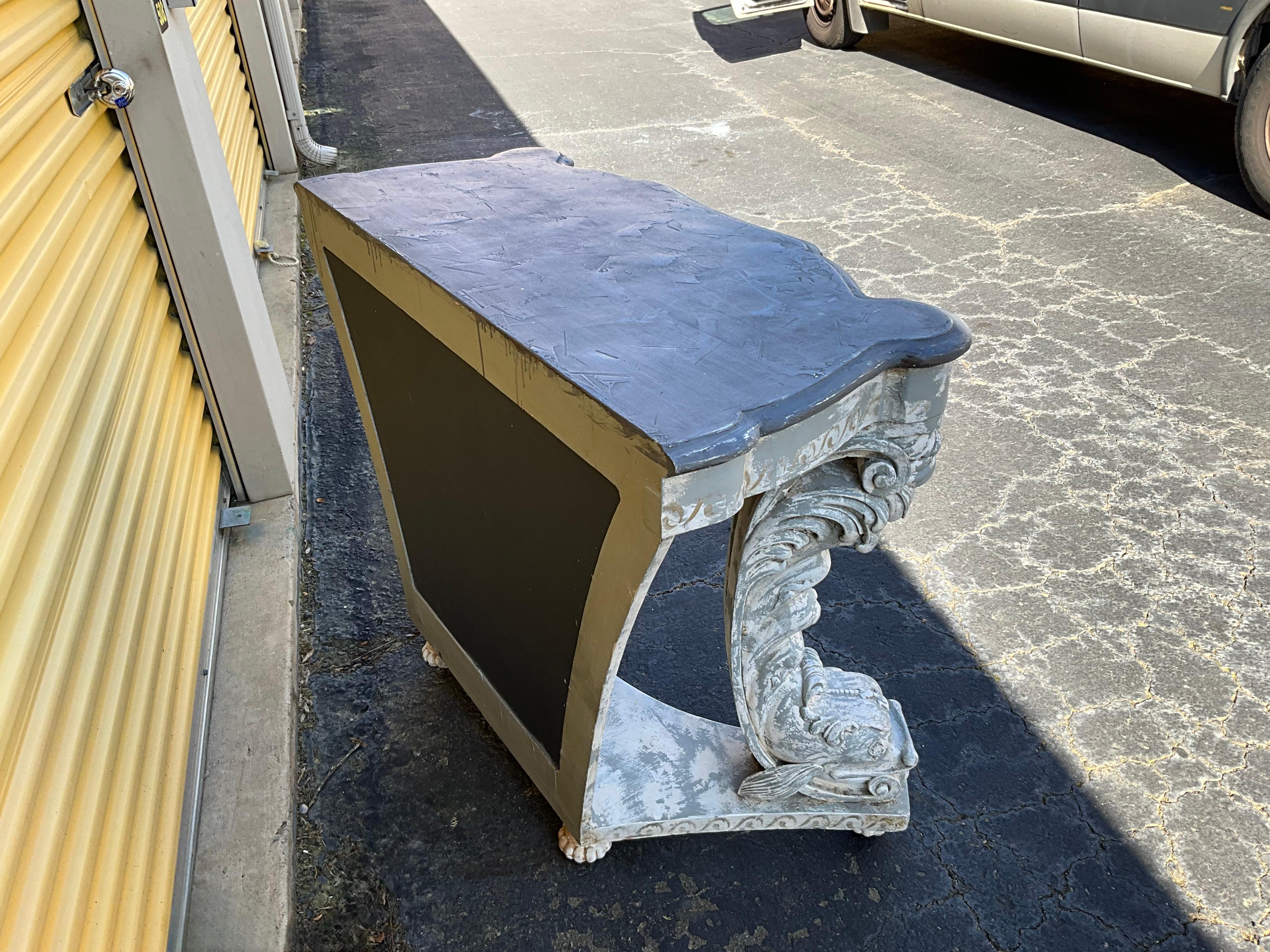 Italian Mid-Century Neo-Classical Style Hand Painted Console Tables W/ Dolphins -Pair For Sale