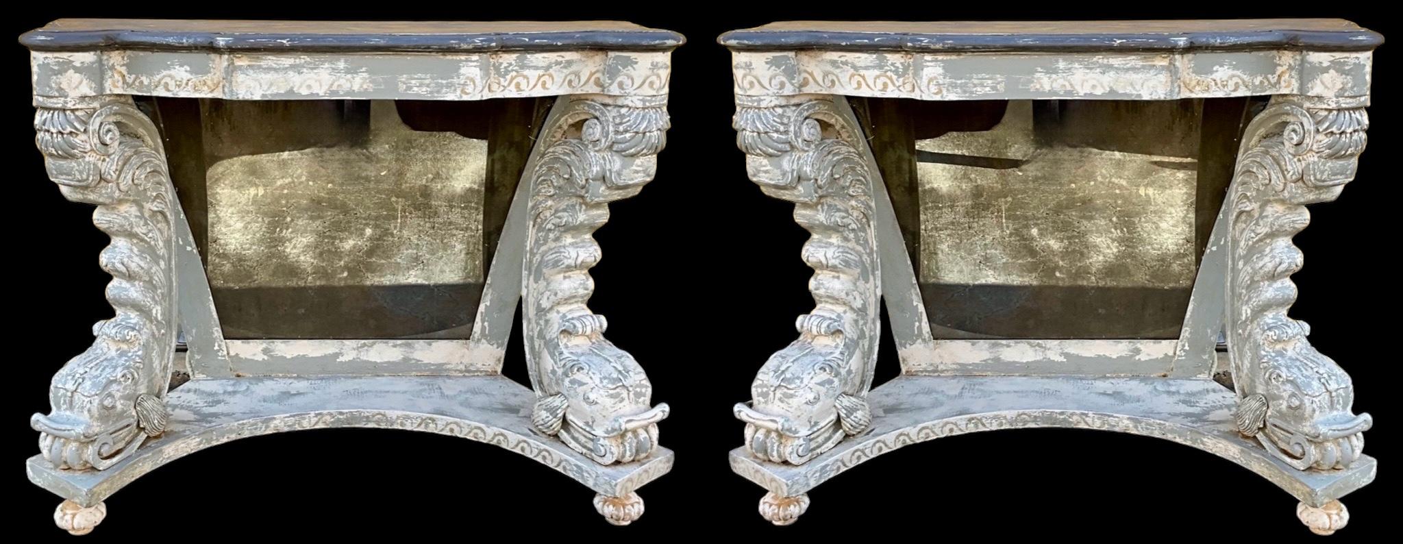 Mirror Mid-Century Neo-Classical Style Hand Painted Console Tables W/ Dolphins -Pair For Sale