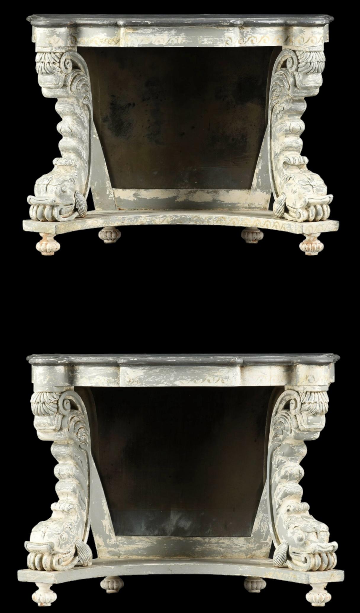 Mirror Mid-Century Neo-Classical Style Hand Painted Console Tables W/ Dolphins -Pair For Sale