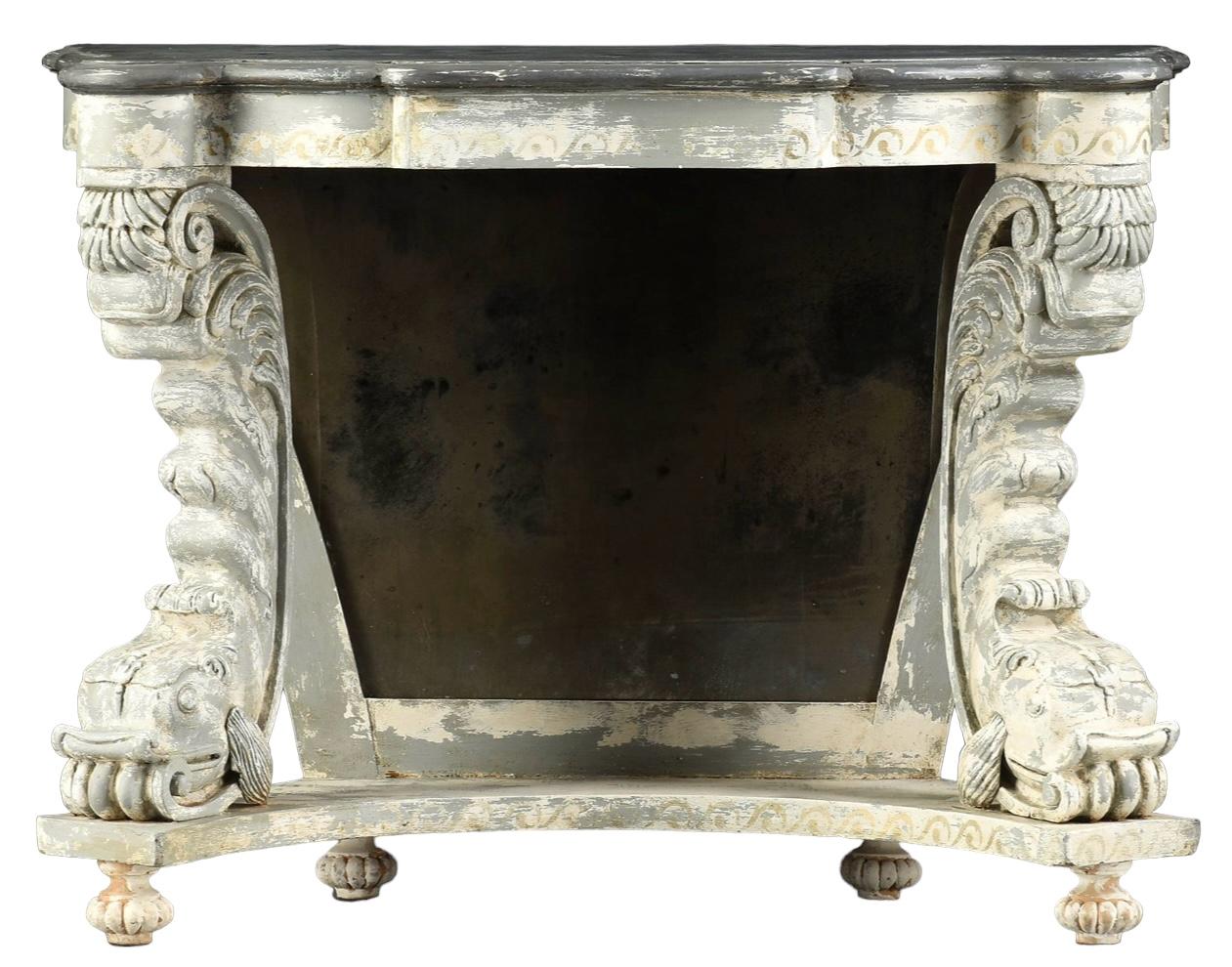 Mid-Century Neo-Classical Style Hand Painted Console Tables W/ Dolphins -Pair For Sale 2