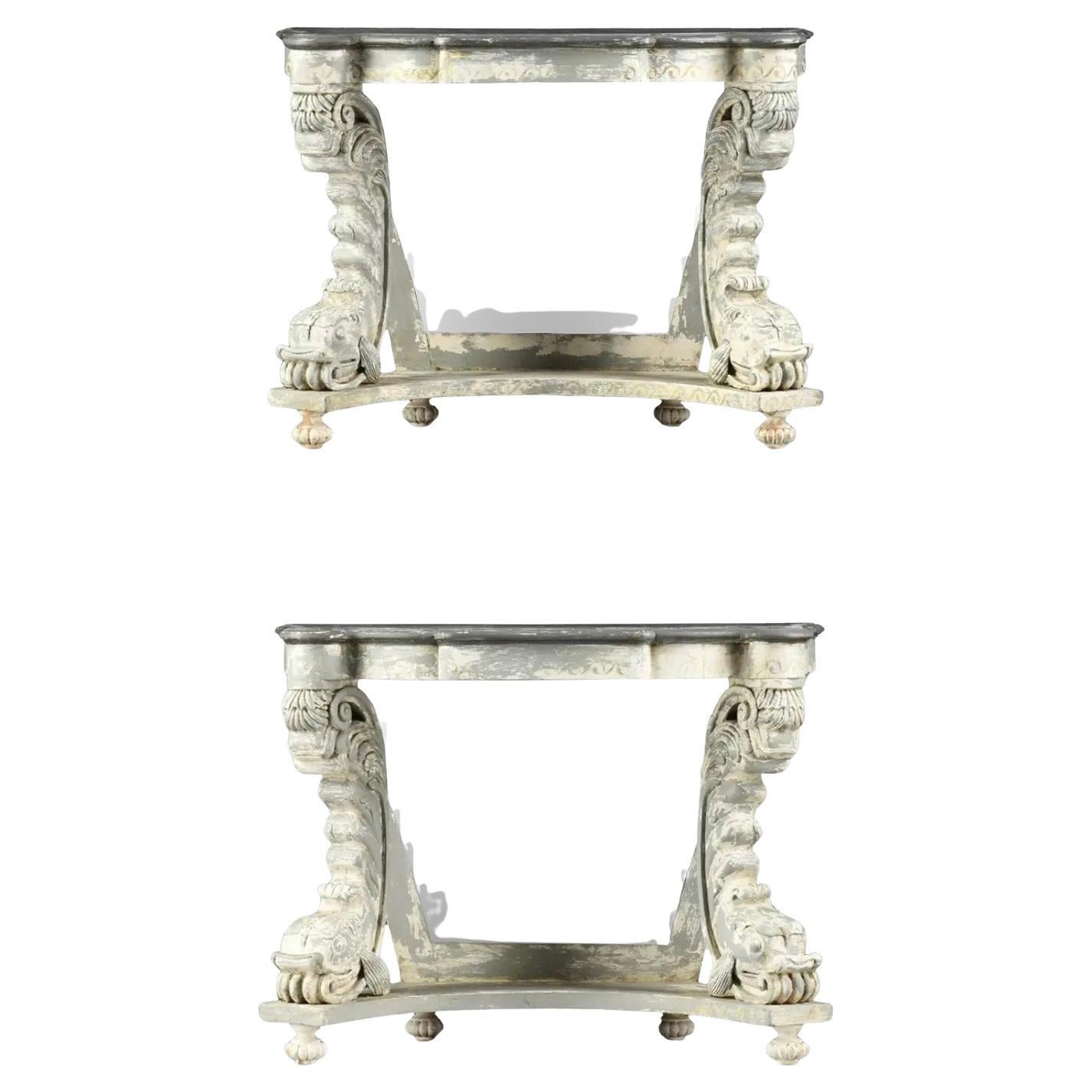 Mid-Century Neo-Classical Style Hand Painted Console Tables W/ Dolphins -Pair