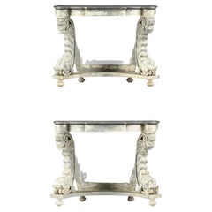 Mid-Century Neo-Classical Style Hand Painted Console Tables W/ Dolphins -Pair