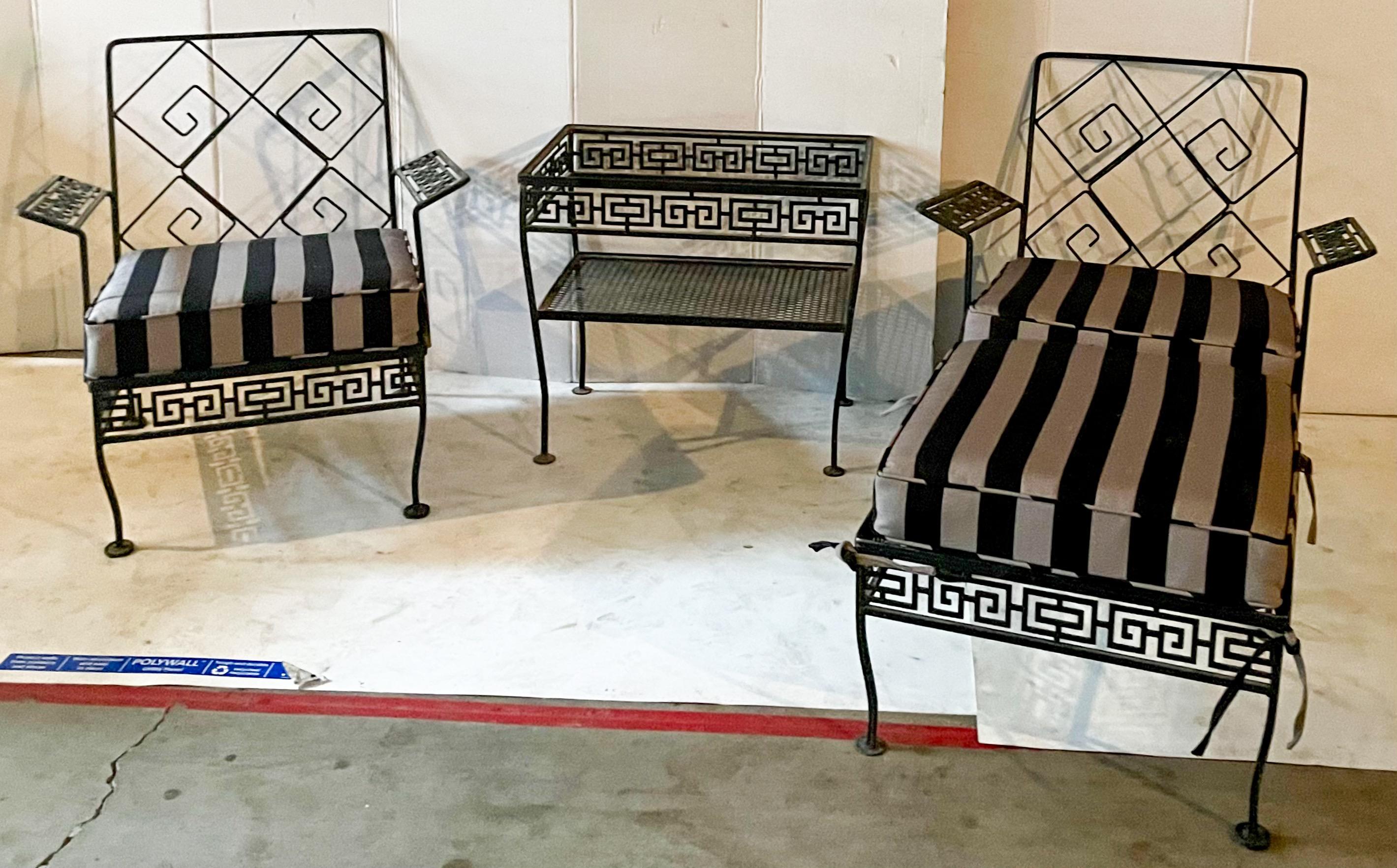 Neoclassical Mid-Century Neo-Classical Style Iron Patio Set with Greek Key Back, S/5