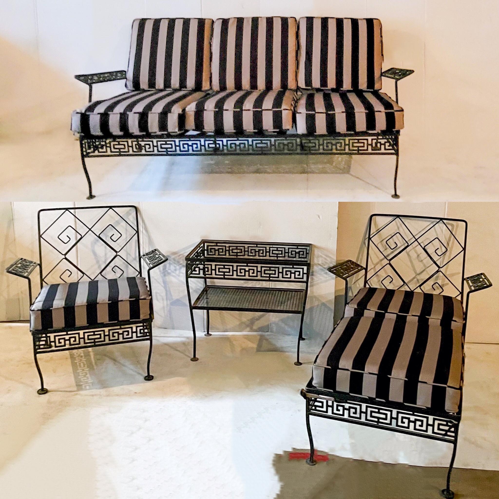American Mid-Century Neo-Classical Style Iron Patio Set with Greek Key Back, S/5