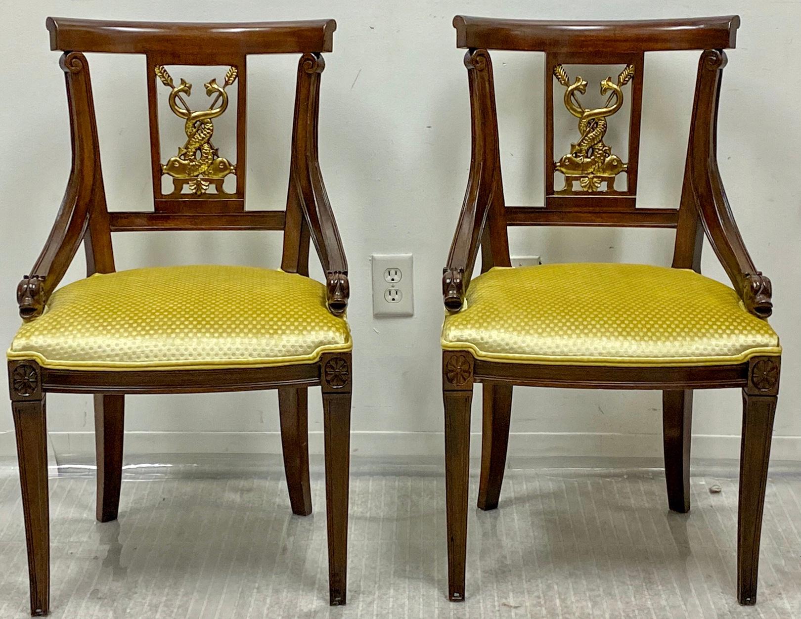 Velvet Midcentury Neoclassical Style Mahogany and Gilt Chairs, a Pair
