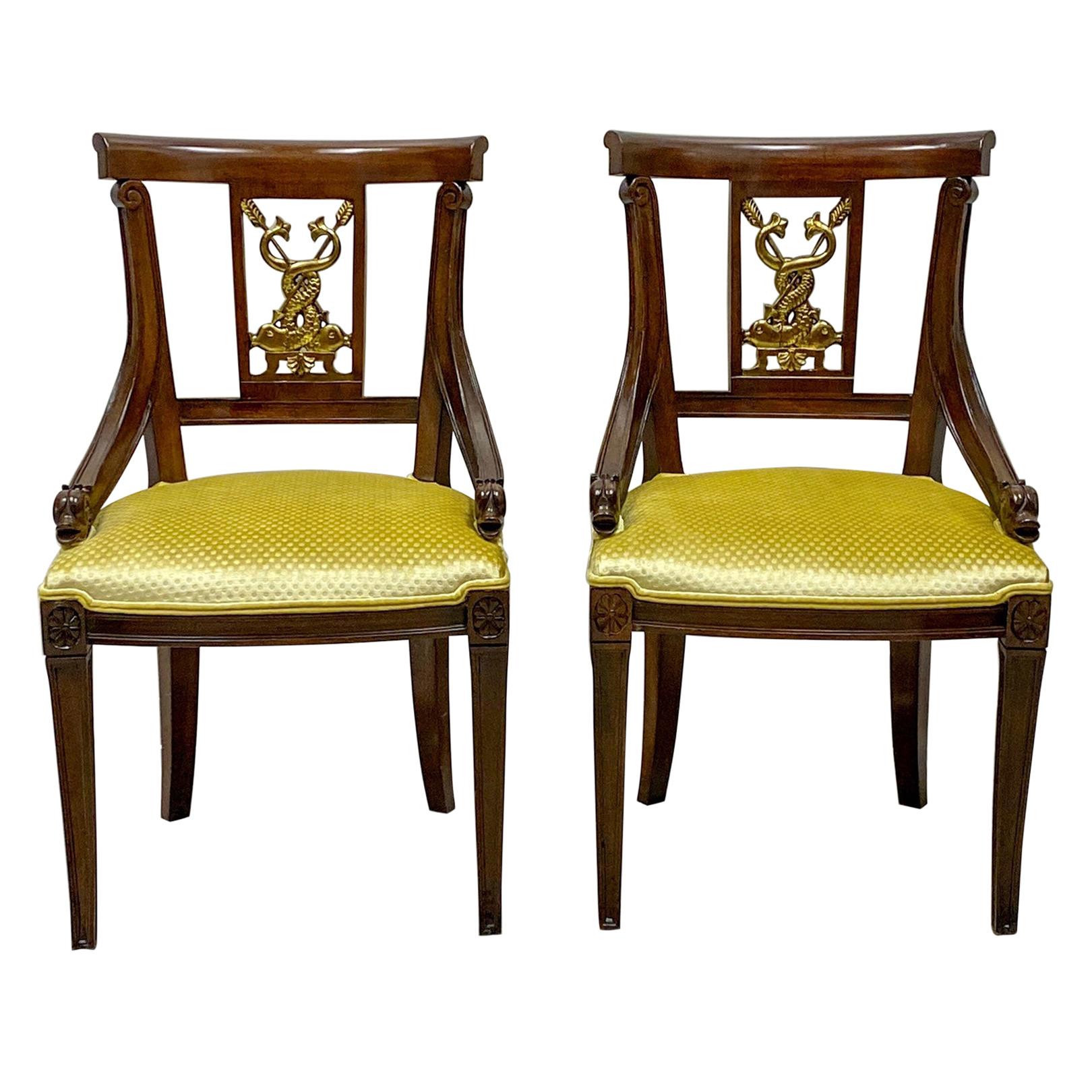 Midcentury Neoclassical Style Mahogany and Gilt Chairs, a Pair