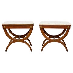 Mid-Century Neo-Classical Style Walnut & Marble Side Tables Or Stools - Pair