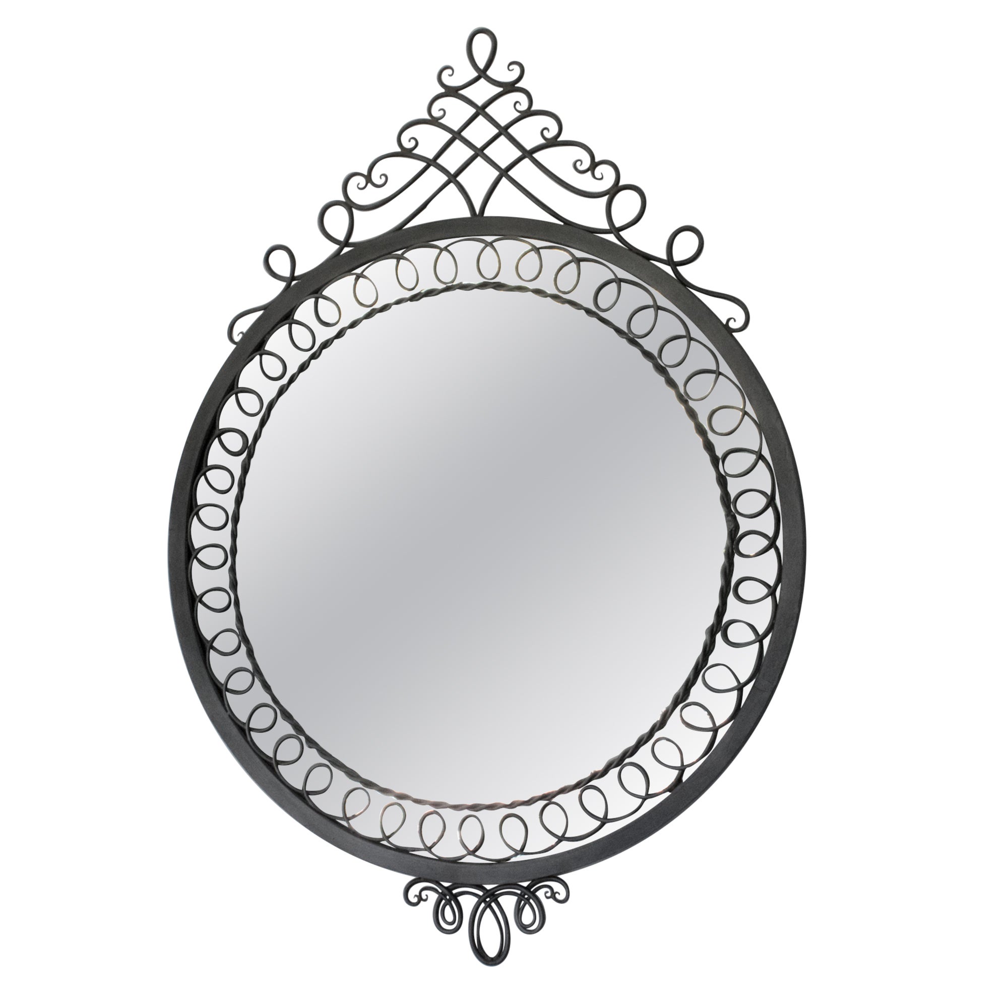 Mid-Century Neoclassic Cast Iron Round Mirror, circa 1950 For Sale