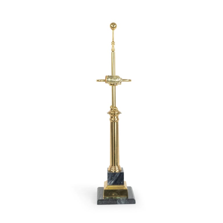 Pair of Mid-Century Modern neoclassic style brass and marble column lamps.