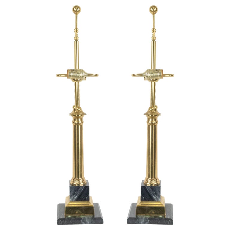 Midcentury Neoclassic Style Brass and Marble Table Lamps For Sale