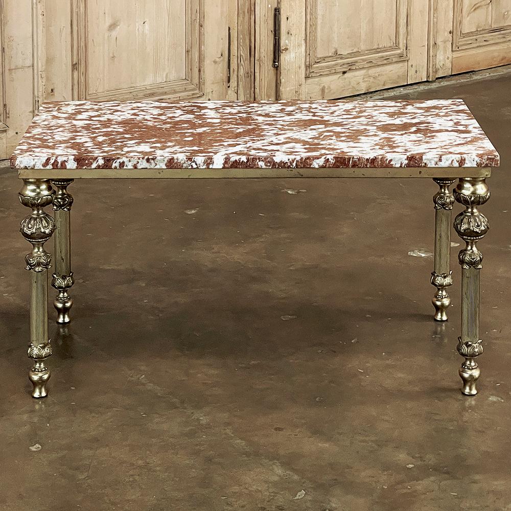 French Mid-Century Neoclassical Brass & Marble Coffee Table For Sale