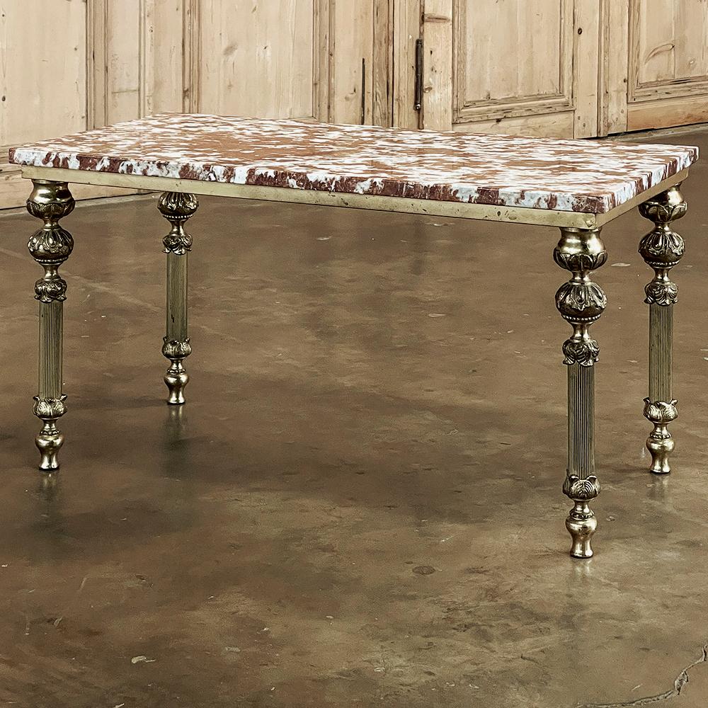 Hand-Crafted Mid-Century Neoclassical Brass & Marble Coffee Table For Sale