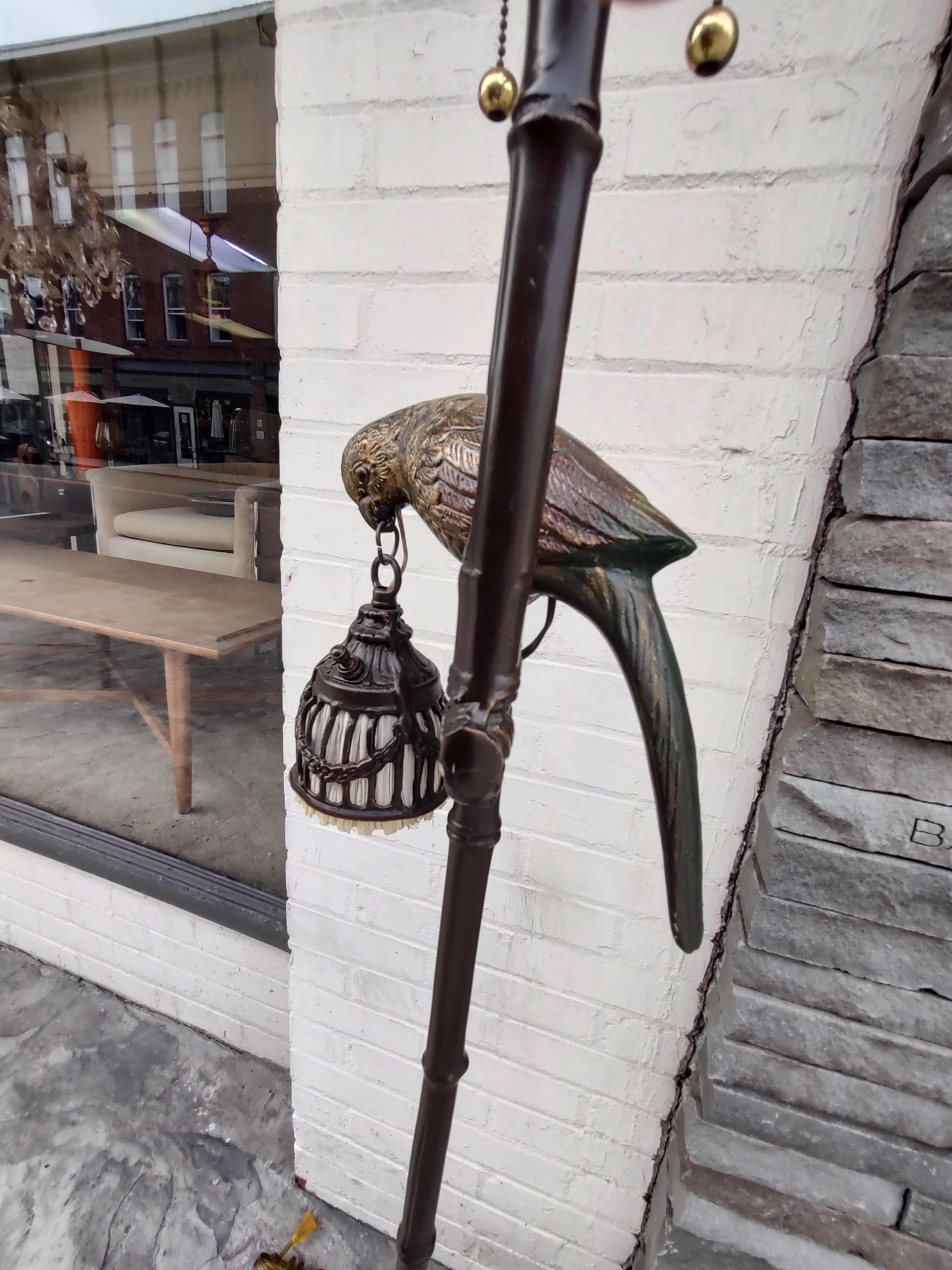 Patinated Mid Century Neoclassical Floor Lamp Perched Bird Holding Light Frederick Cooper
