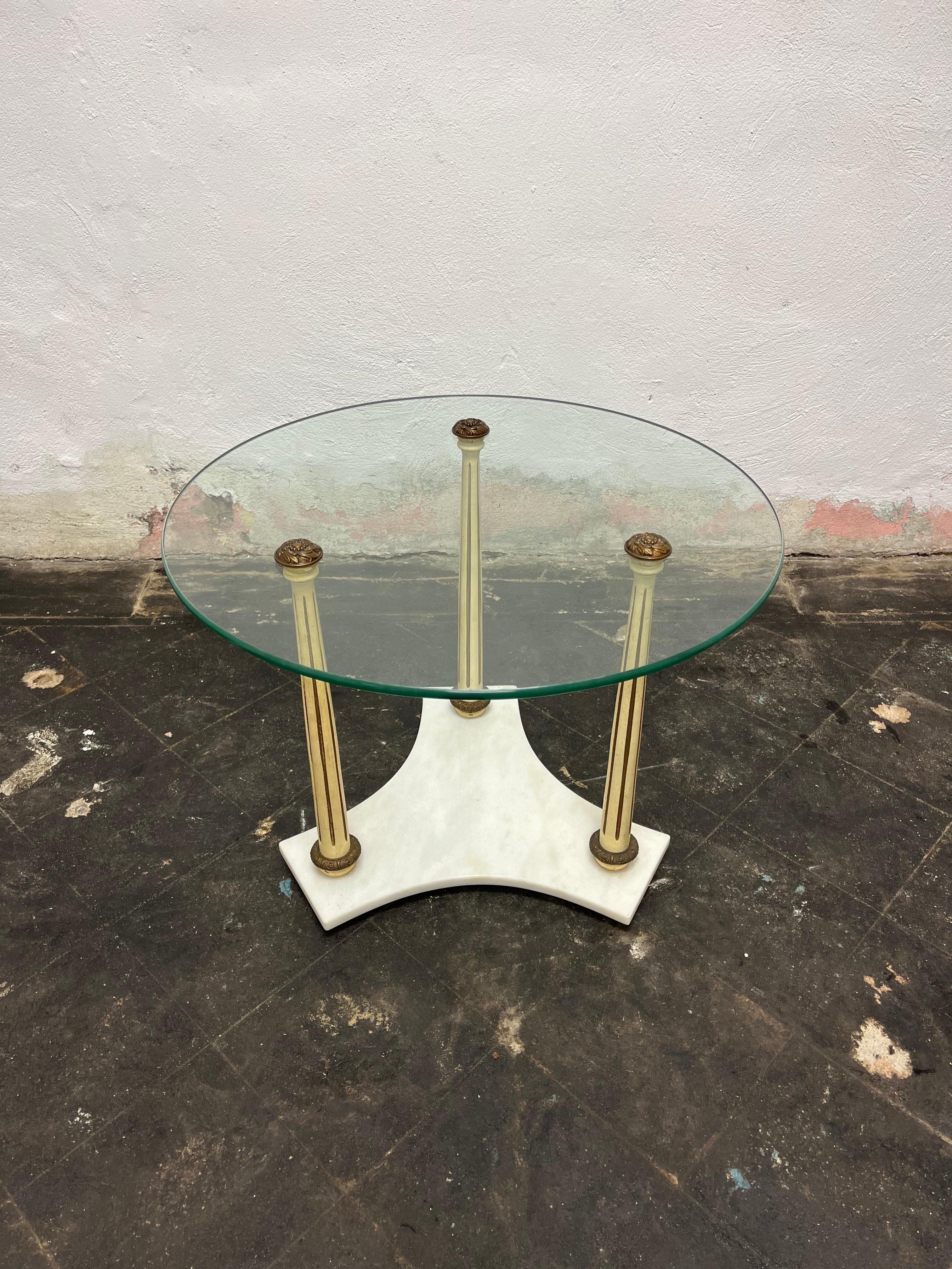 Vintage round glass side table on marble base. 3 wood fluted columns with decorative metal caps to secure. Screams 1950's elegance. 
Curbside to NYC/Philly $250 