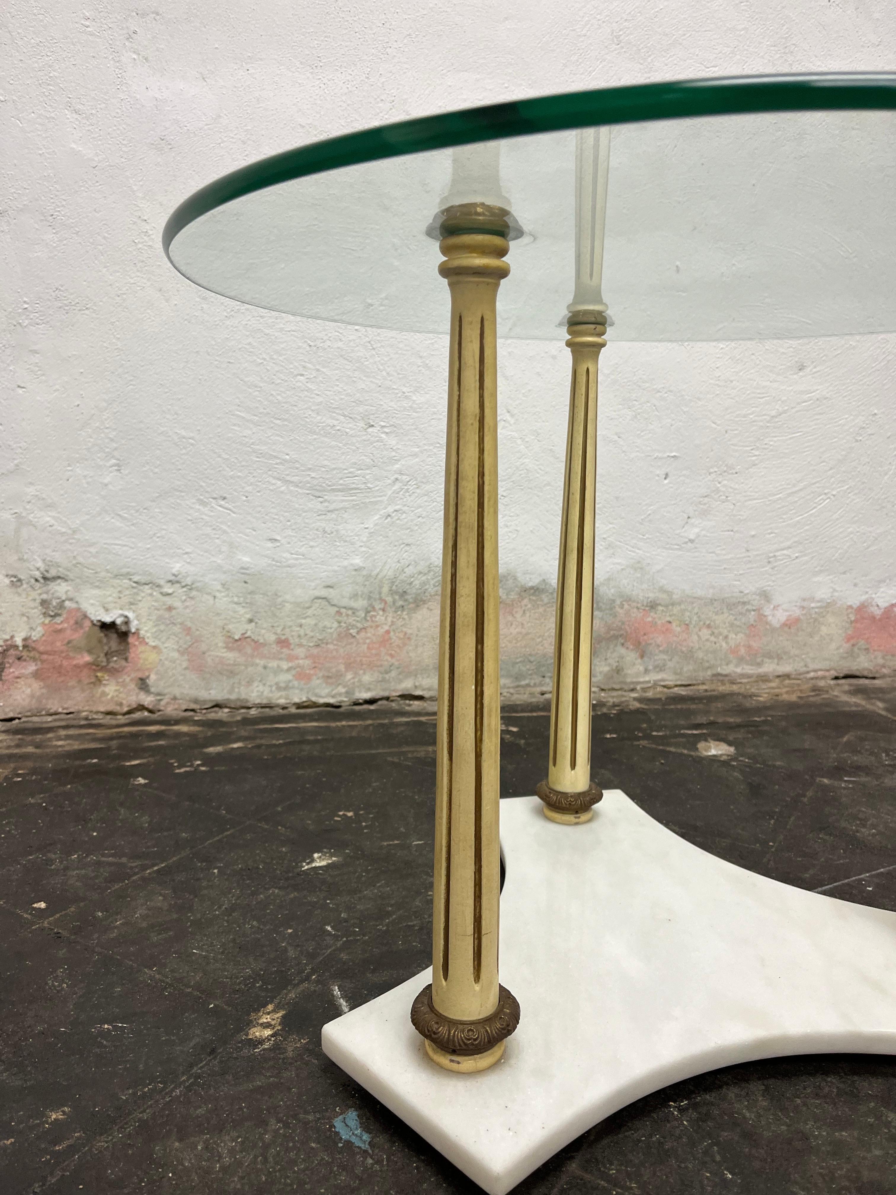 Metal Mid Century Neoclassical Marble and Glass Side Table For Sale