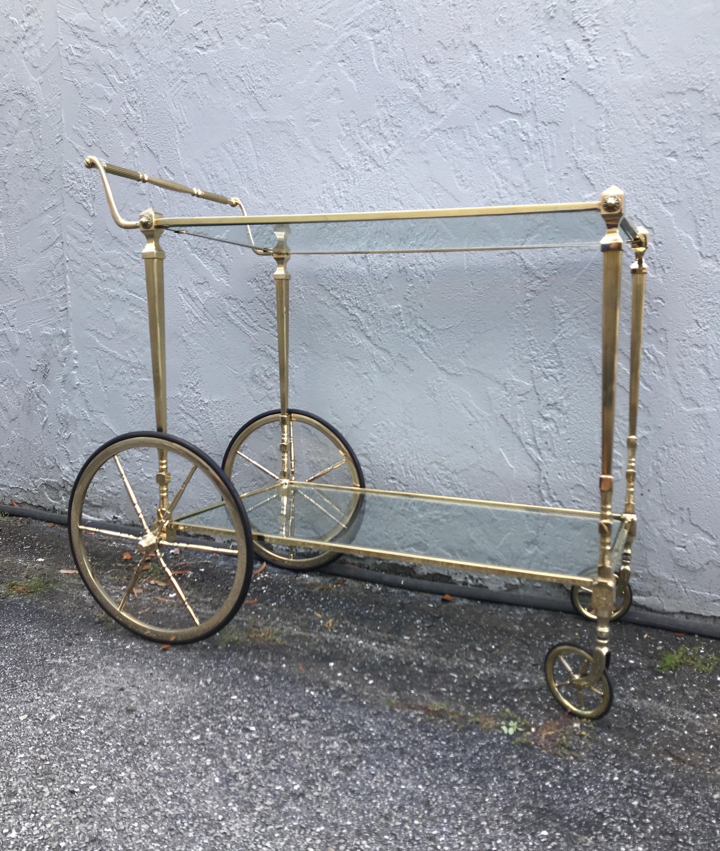 French Mid Century Neoclassical Style Brass Bar Cart by Maison Jansen For Sale