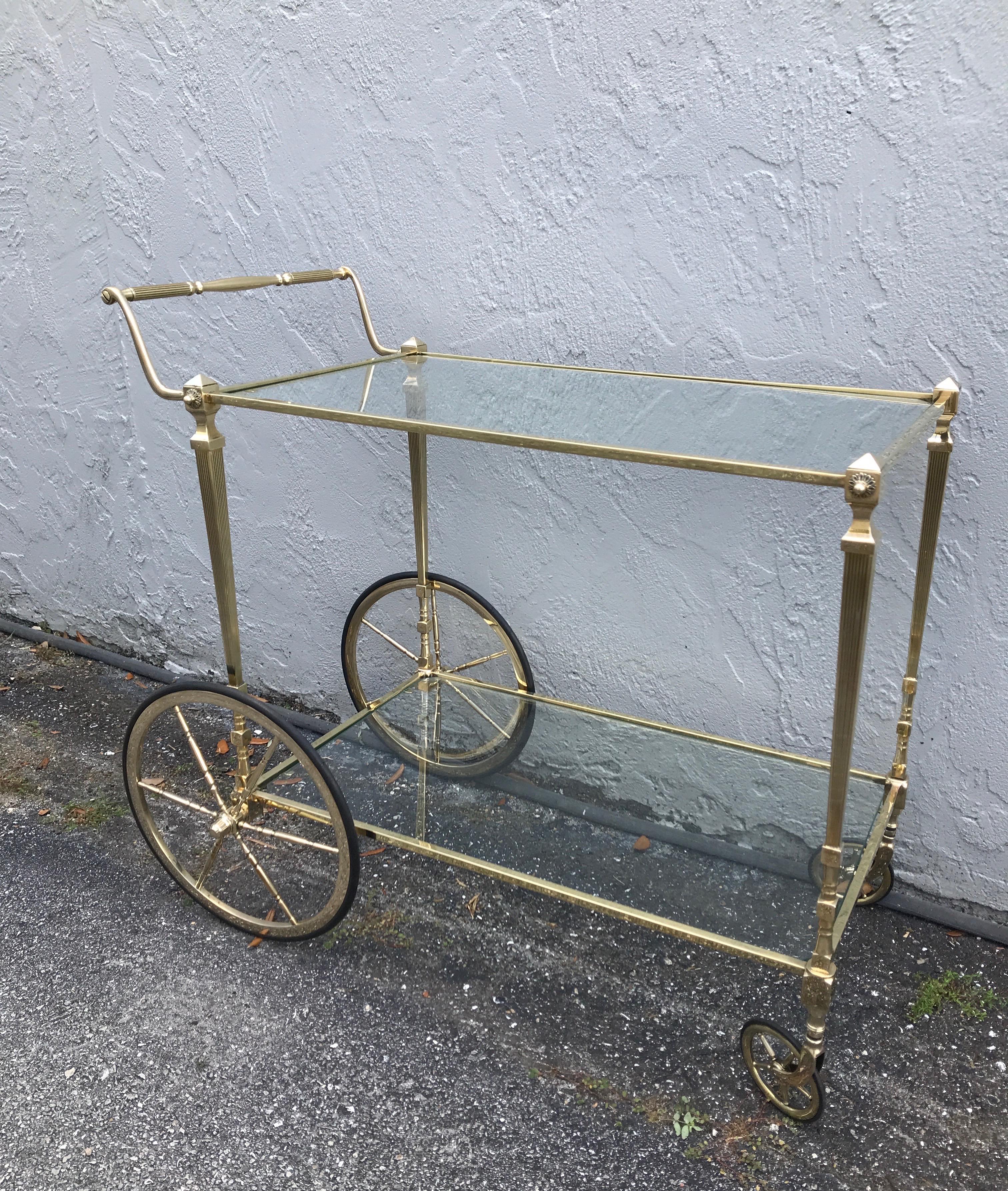 Mid Century Neoclassical Style Brass Bar Cart by Maison Jansen In Good Condition For Sale In West Palm Beach, FL