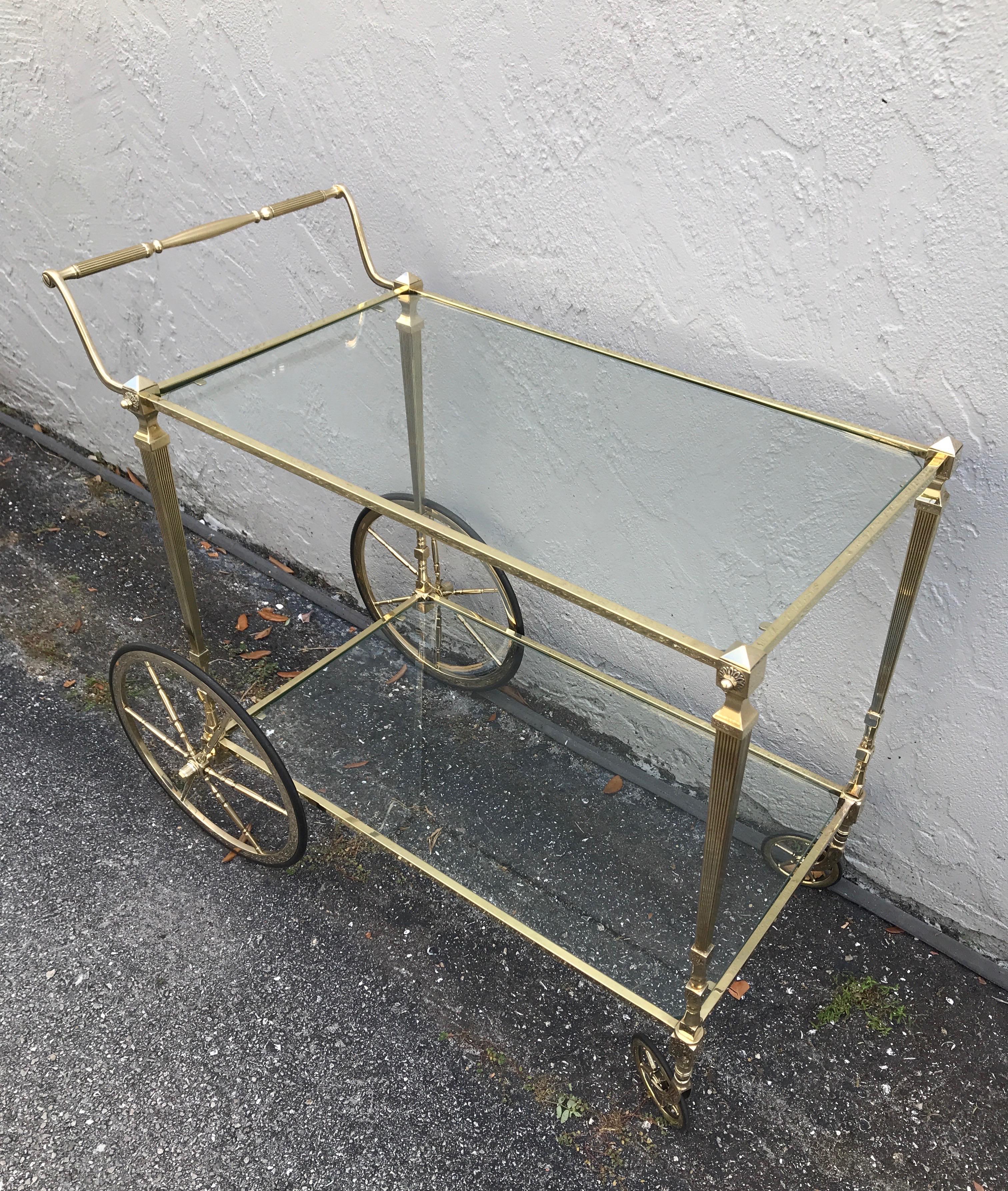 20th Century Mid Century Neoclassical Style Brass Bar Cart by Maison Jansen For Sale