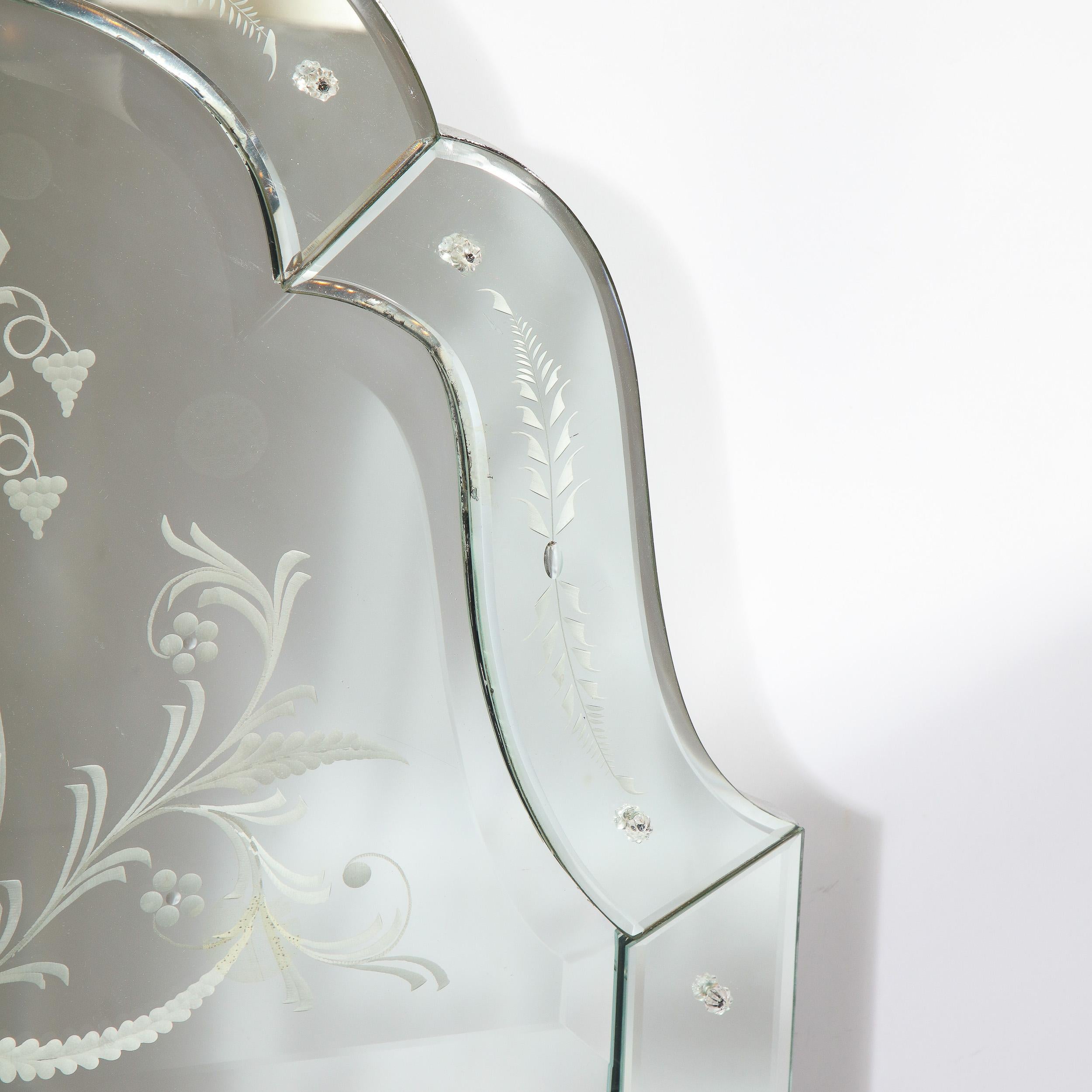 American Midcentury Neoclassical Style Etched and Scalloped Mirror with Foliate Detailing