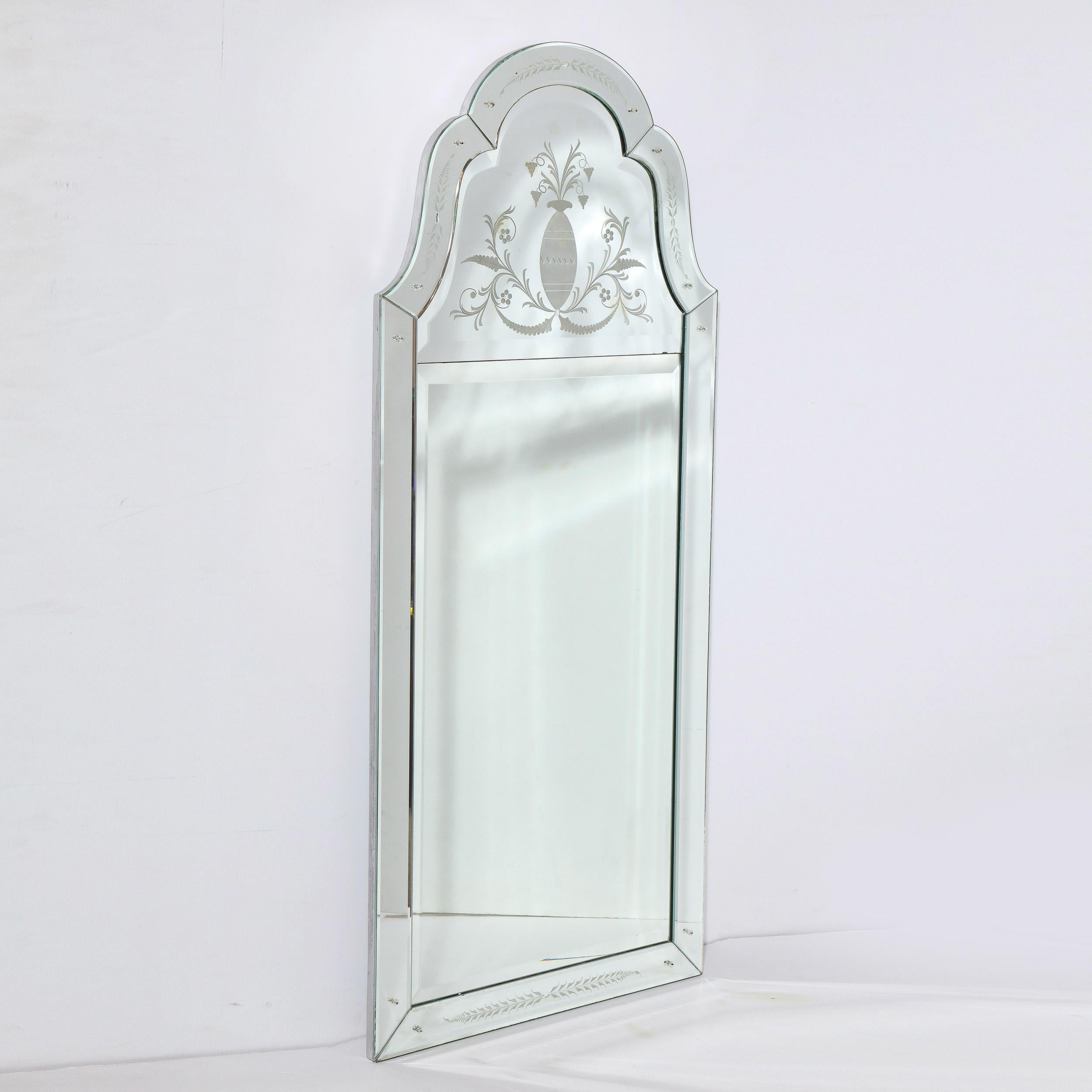 Midcentury Neoclassical Style Etched and Scalloped Mirror with Foliate Detailing In Excellent Condition In New York, NY