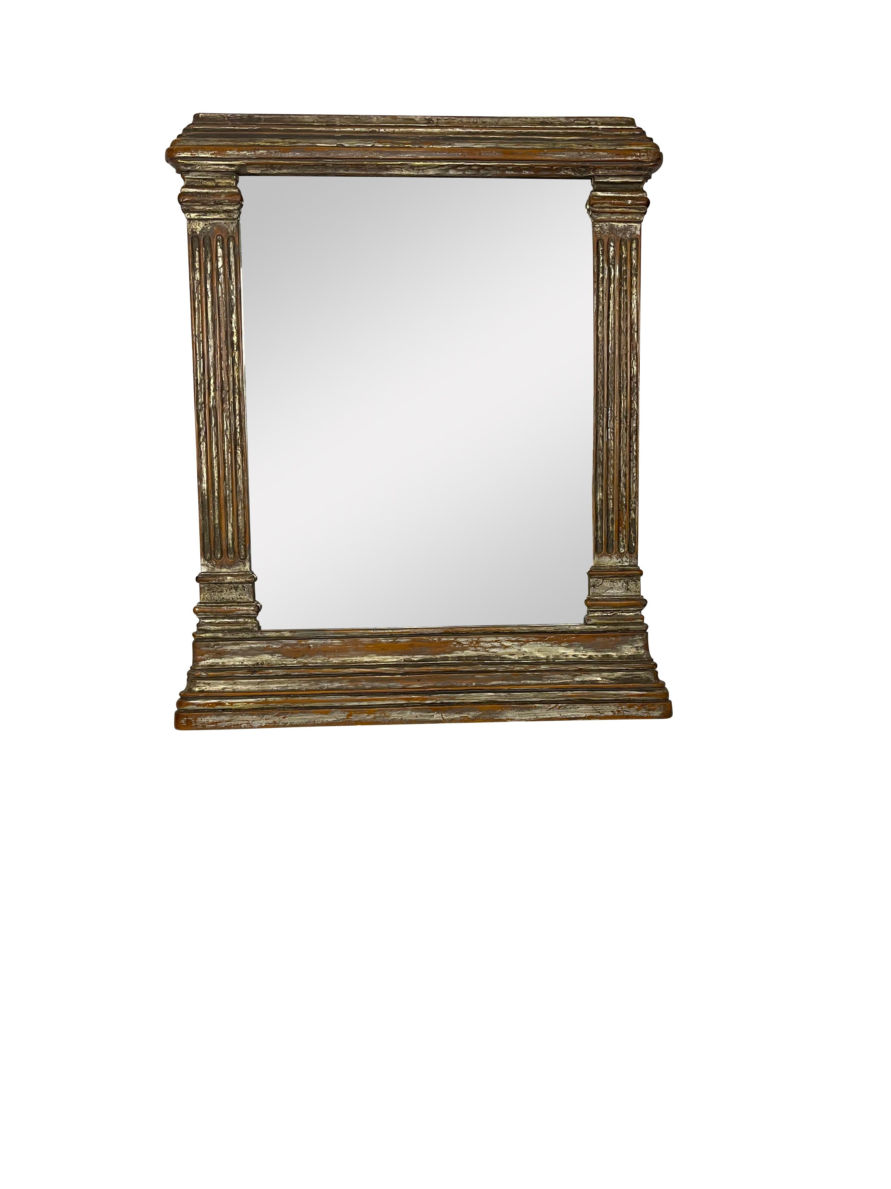 Classical Roman Neoclassical Style Gilt and Silvered Mirror with Carved Columns For Sale