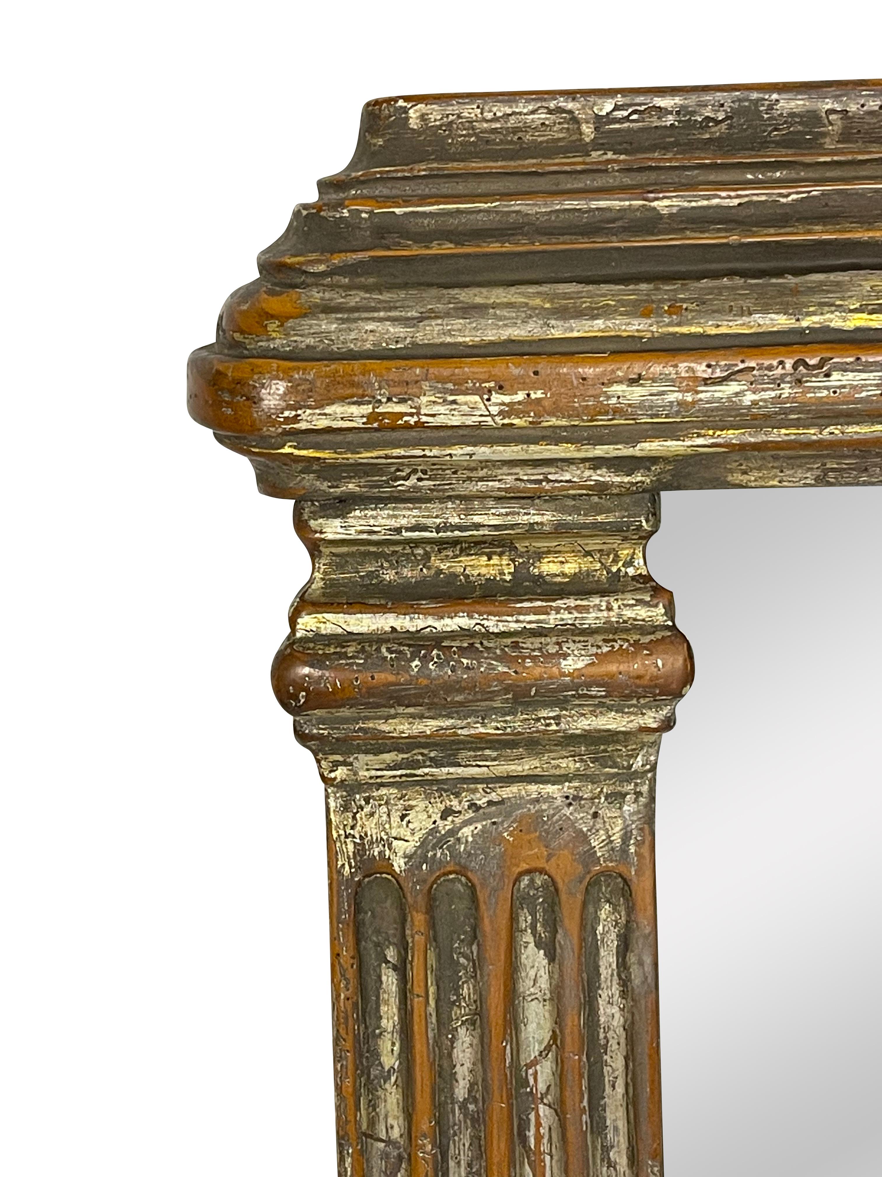 Hand-Painted Neoclassical Style Gilt and Silvered Mirror with Carved Columns For Sale