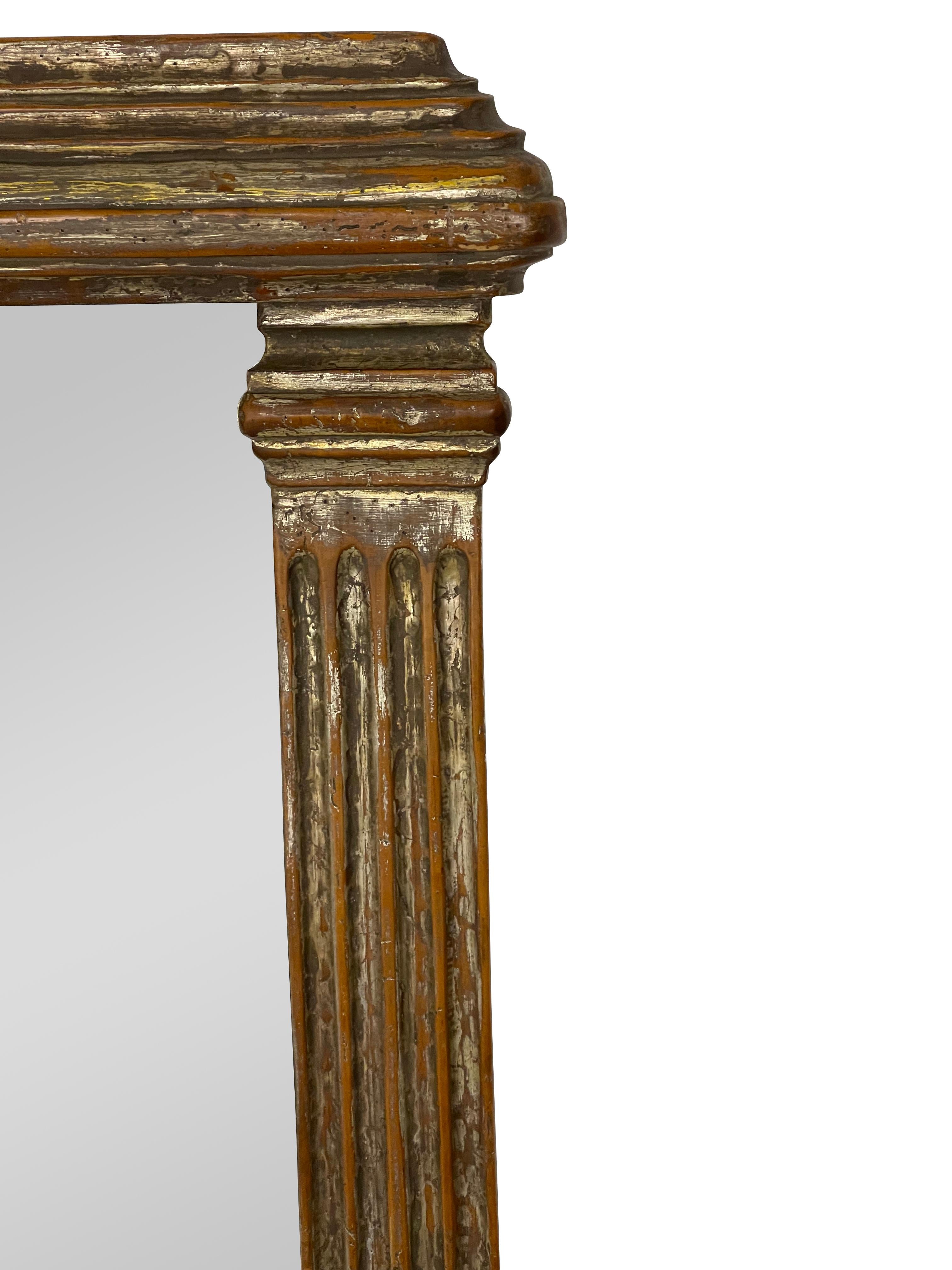 20th Century Neoclassical Style Gilt and Silvered Mirror with Carved Columns For Sale