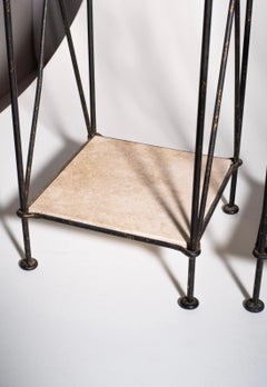 Mid-Century Neoclassical Style Iron & Travertine Plant Stands Pedestals - Set of