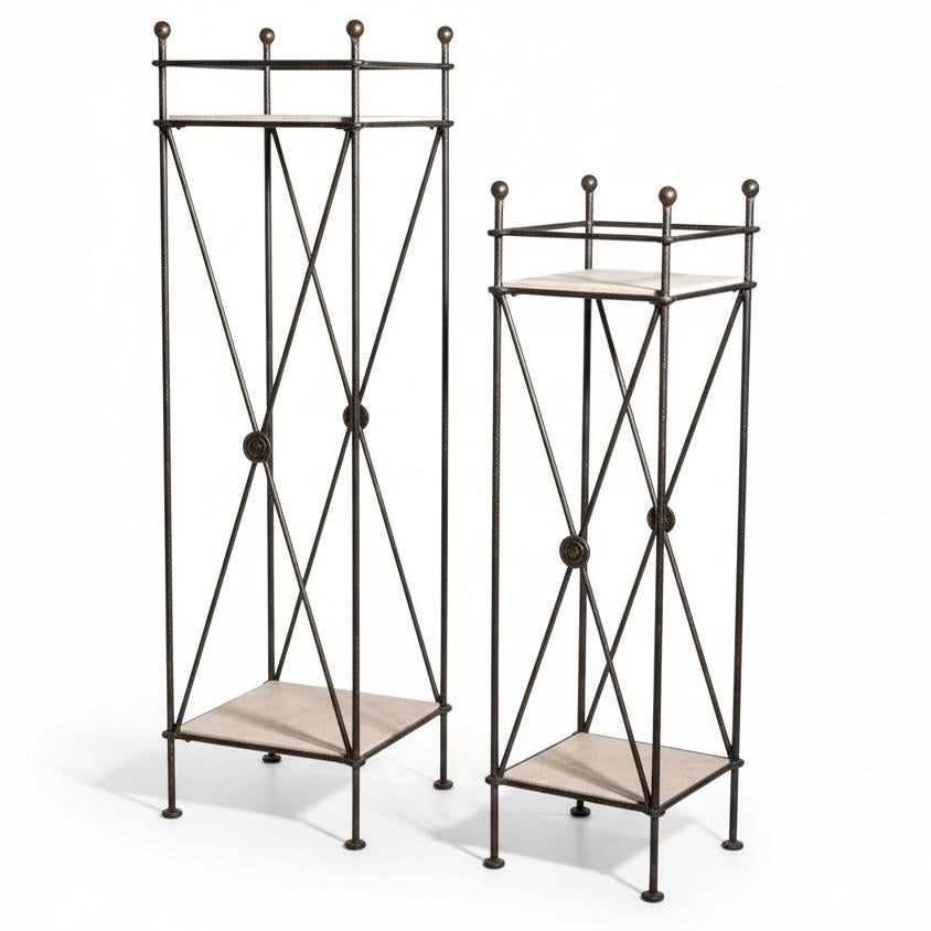 Mid-Century Neoclassical Style Iron 
Travertine Plant Stands Pedestals - Set of For Sale