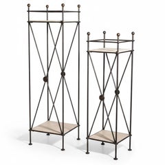 Mid-Century Neoclassical Style Iron 
Travertine Plant Stands Pedestals - Set of