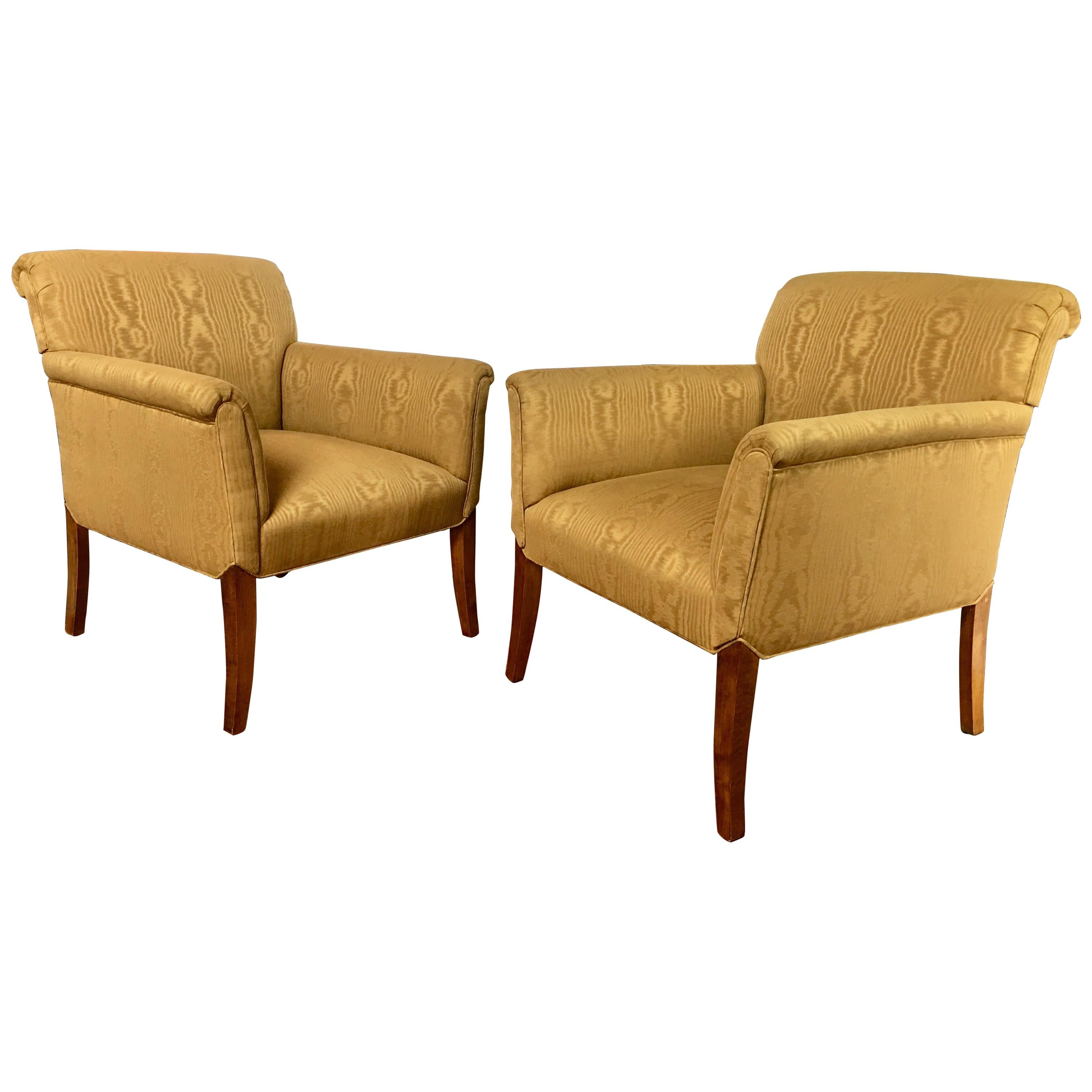 Midcentury Neoclassical Style Moire Faux Bois Lounge Accent Chairs, Pair