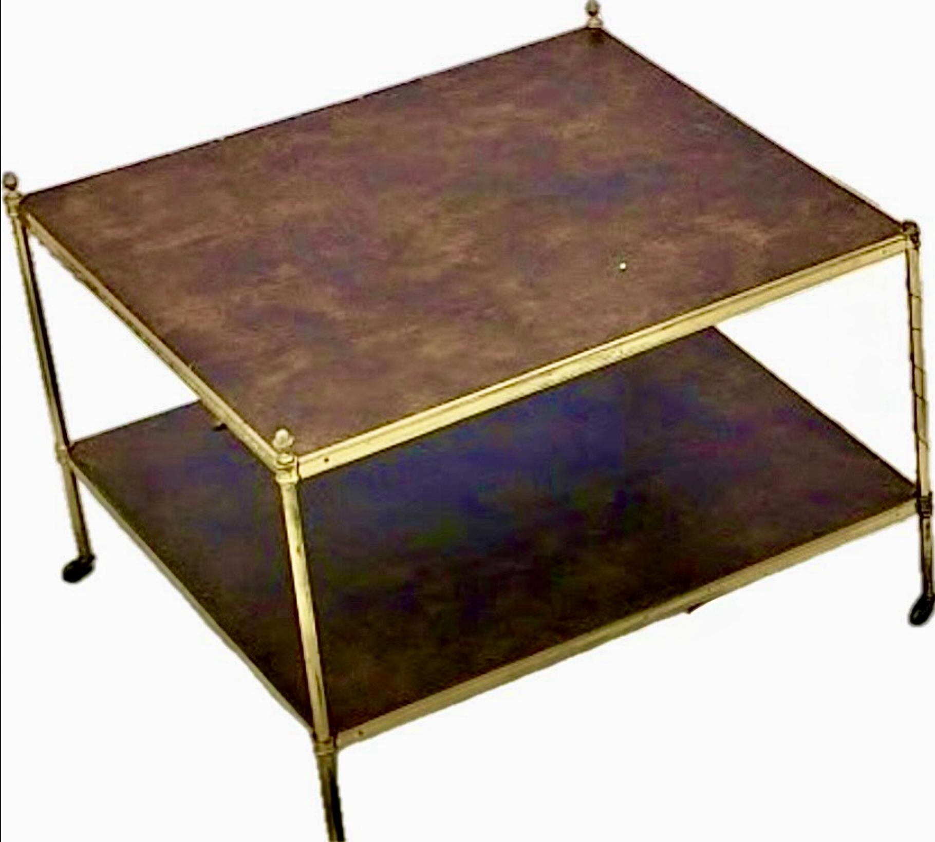 Maison Jansen Style Neoclassical Leather Top Brass Large Side Table In Good Condition For Sale In Bradenton, FL