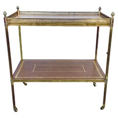 Mid-Century Neoclassical Two Tiered Leather Top Brass Side Table