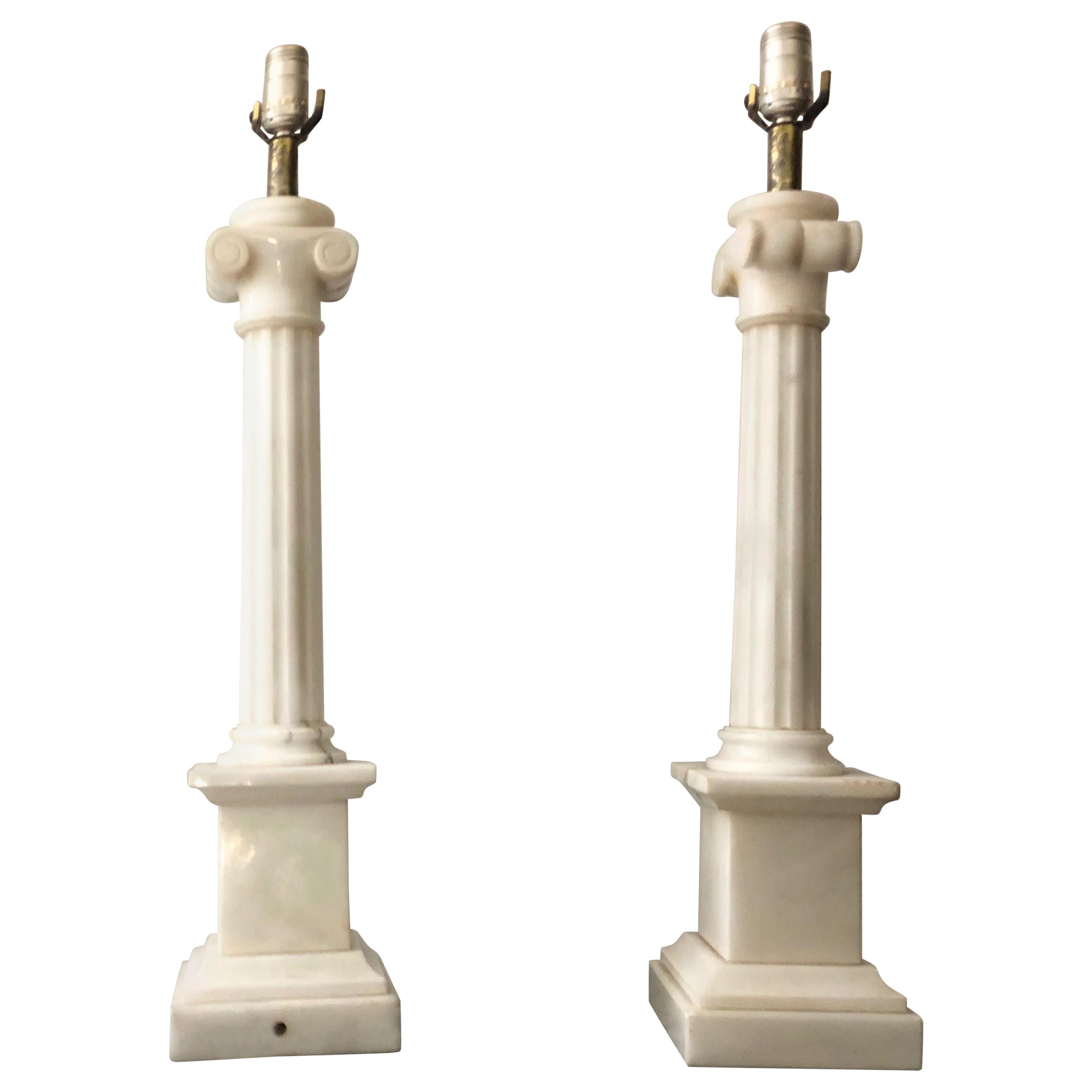 American Midcentury Neoclassical White Marble Ionic Column Table Lamp, 1960s Marbro Lamp