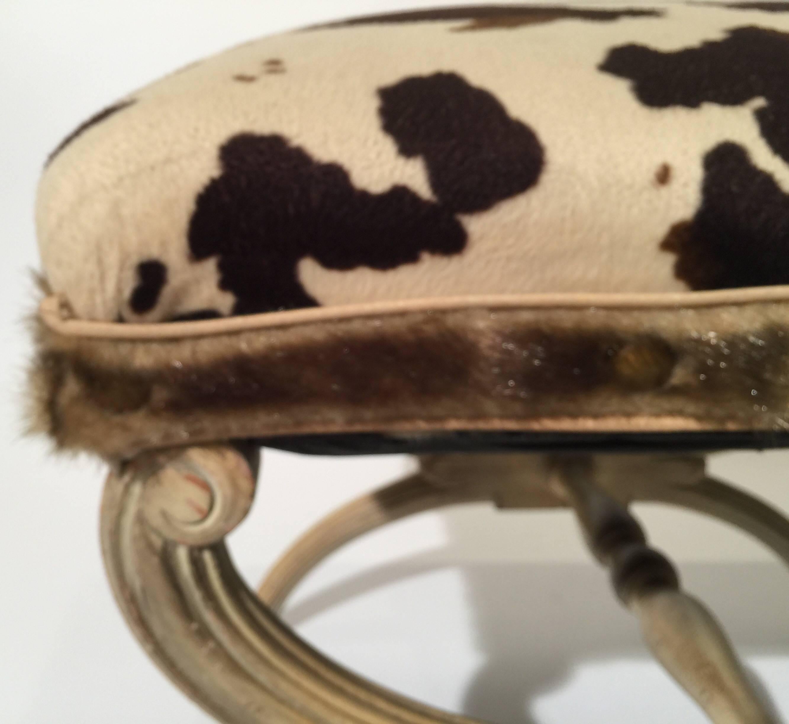 Midcentury Neoclassical X-Bench with Faux Cowhide Animal Print Upholstery In Good Condition In Lambertville, NJ