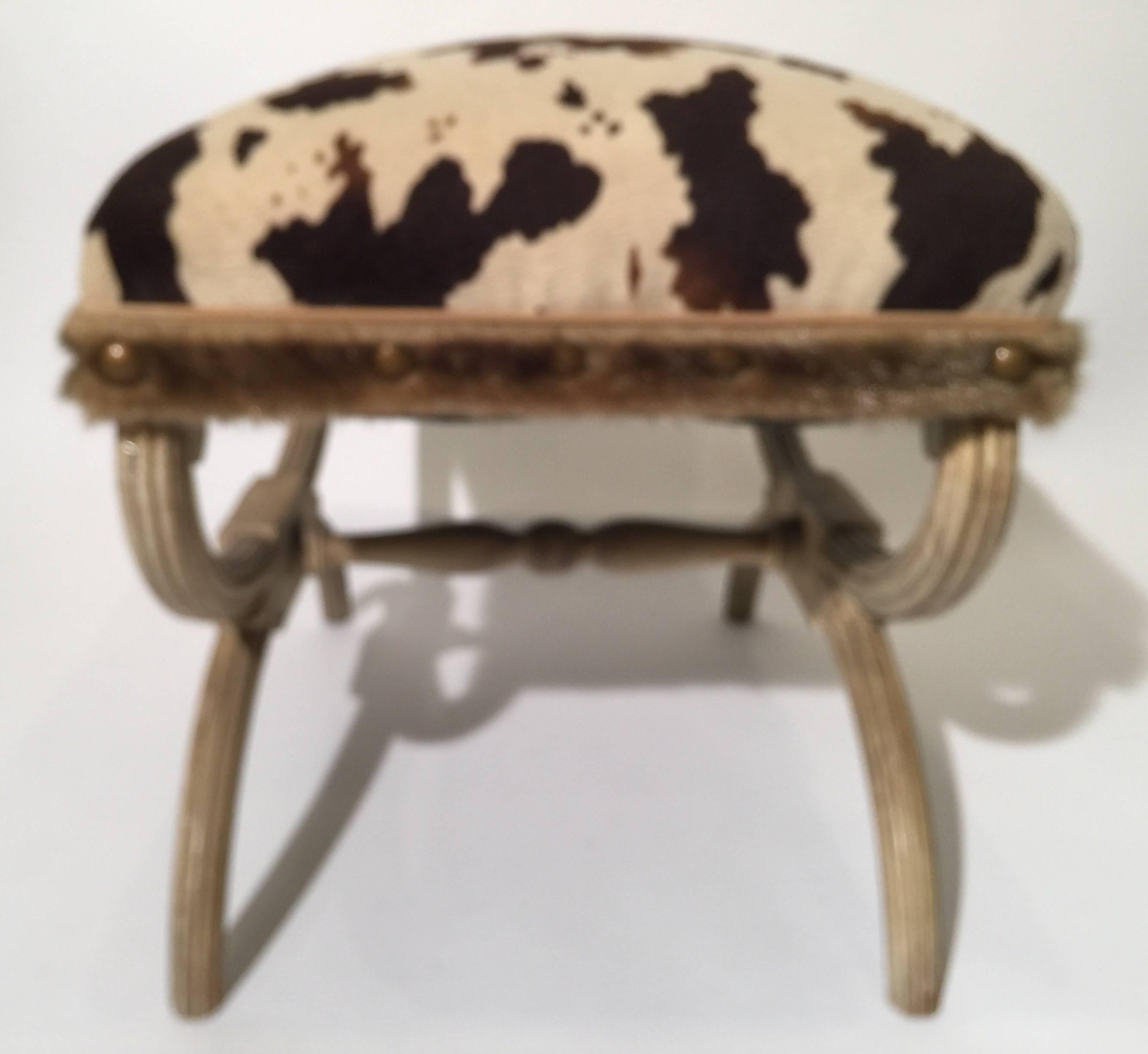 Mid-20th Century Midcentury Neoclassical X-Bench with Faux Cowhide Animal Print Upholstery